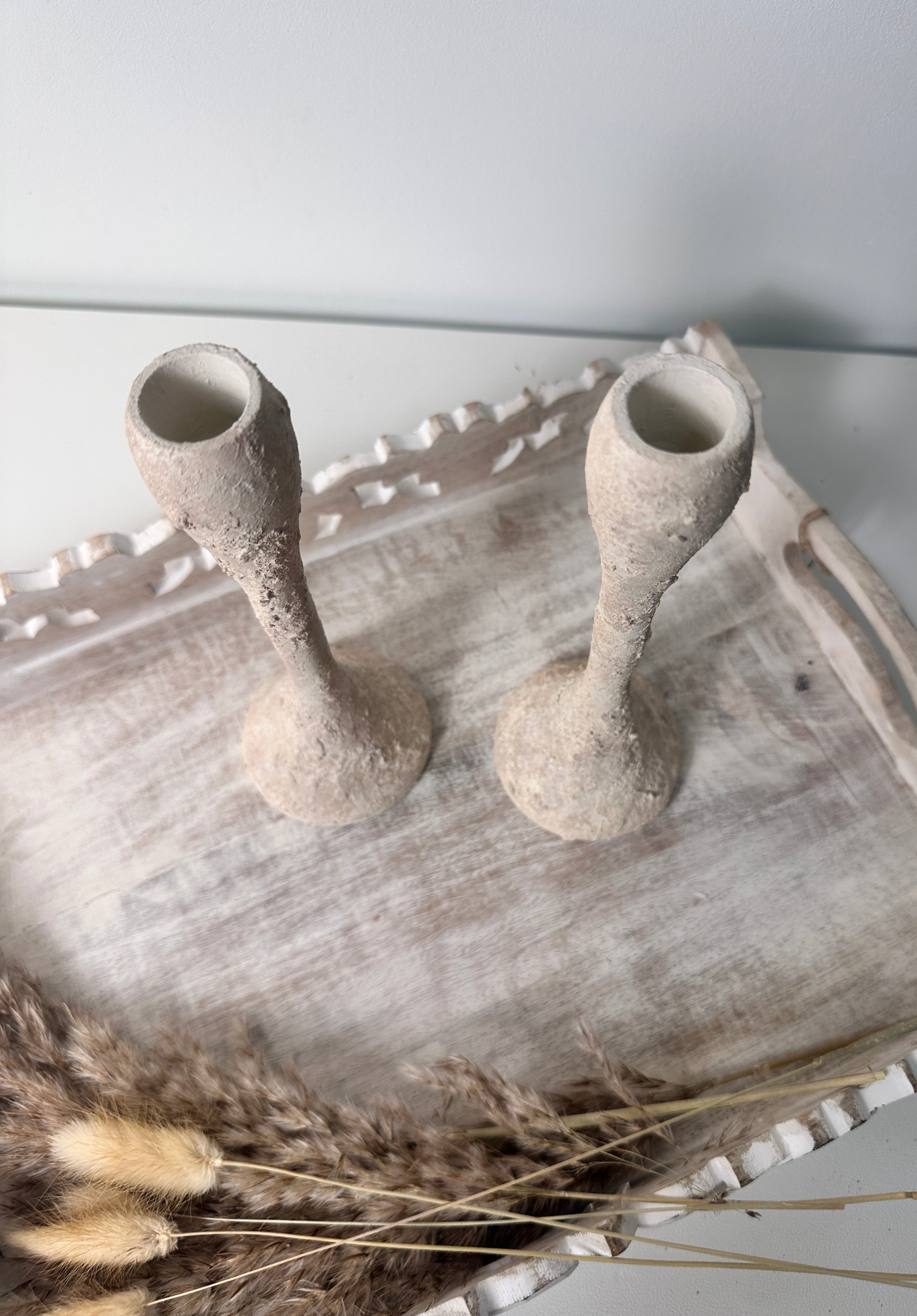 Set of 2 Candle Holders Minimalist Textured Hand-Painted 9" tall  - Cream Wash