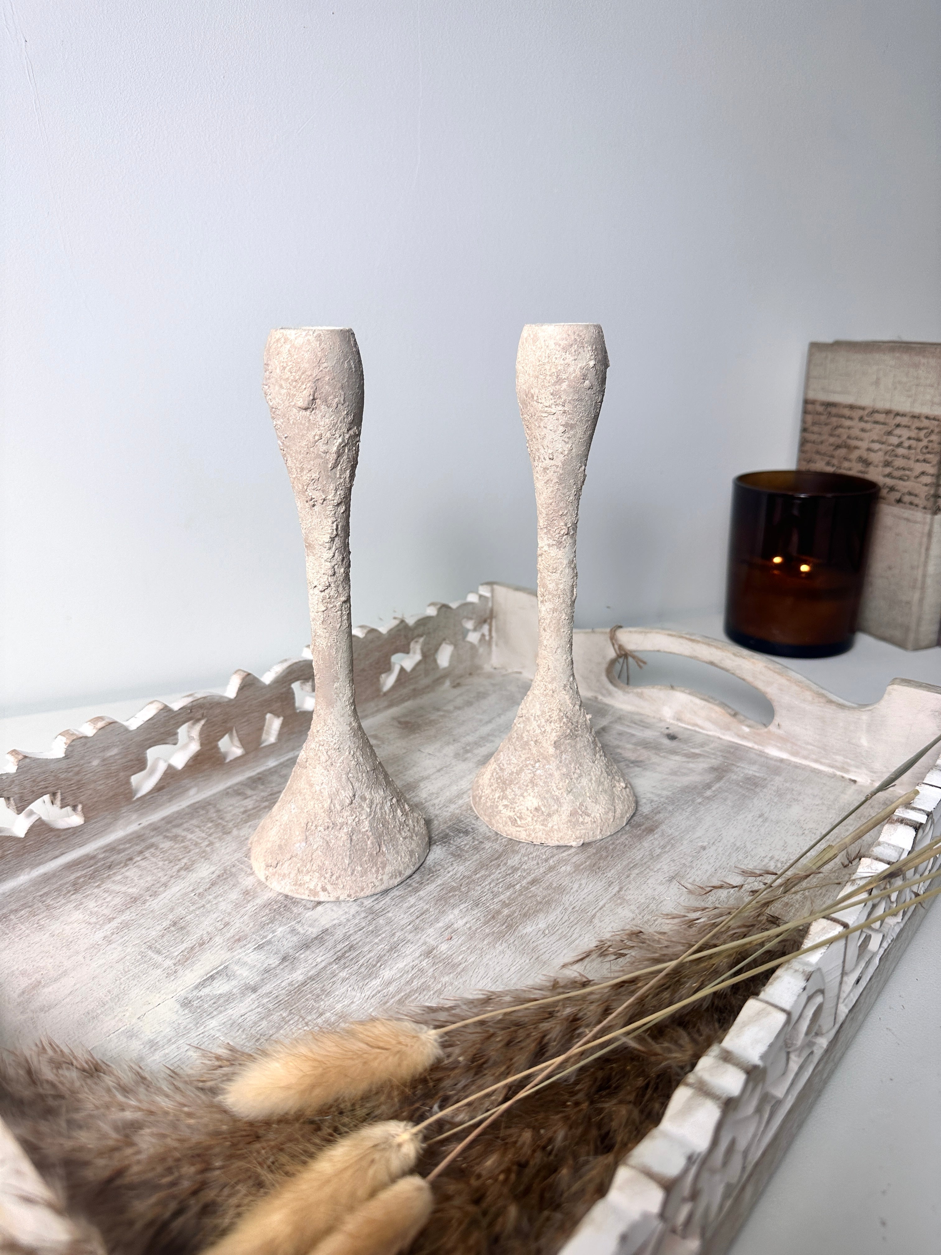 Set of 2 Candle Holders Minimalist Textured Hand-Painted 9" tall  - Cream Wash