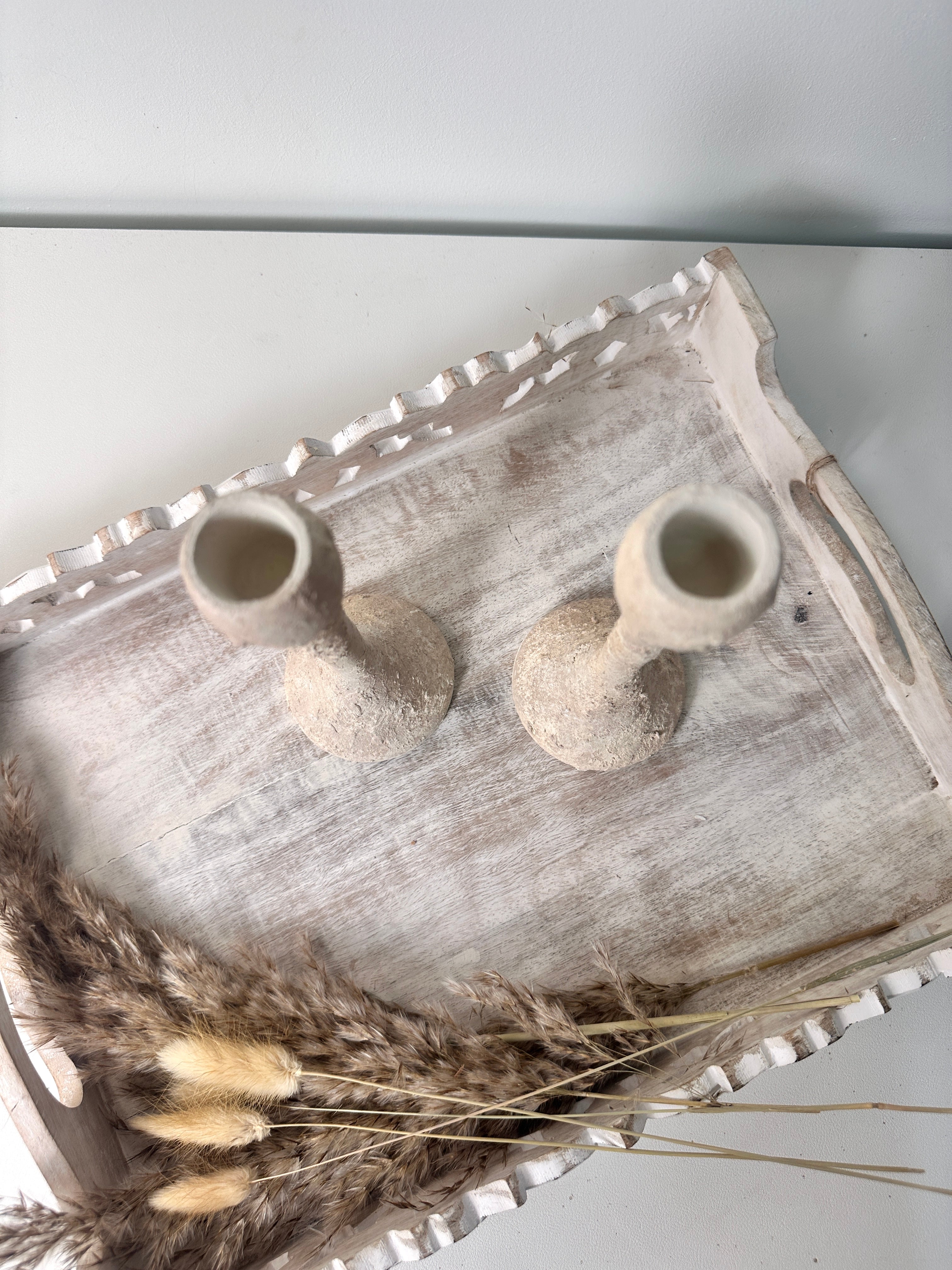 Set of 2 Candle Holders Minimalist Textured Hand-Painted 9" tall  - Cream Wash