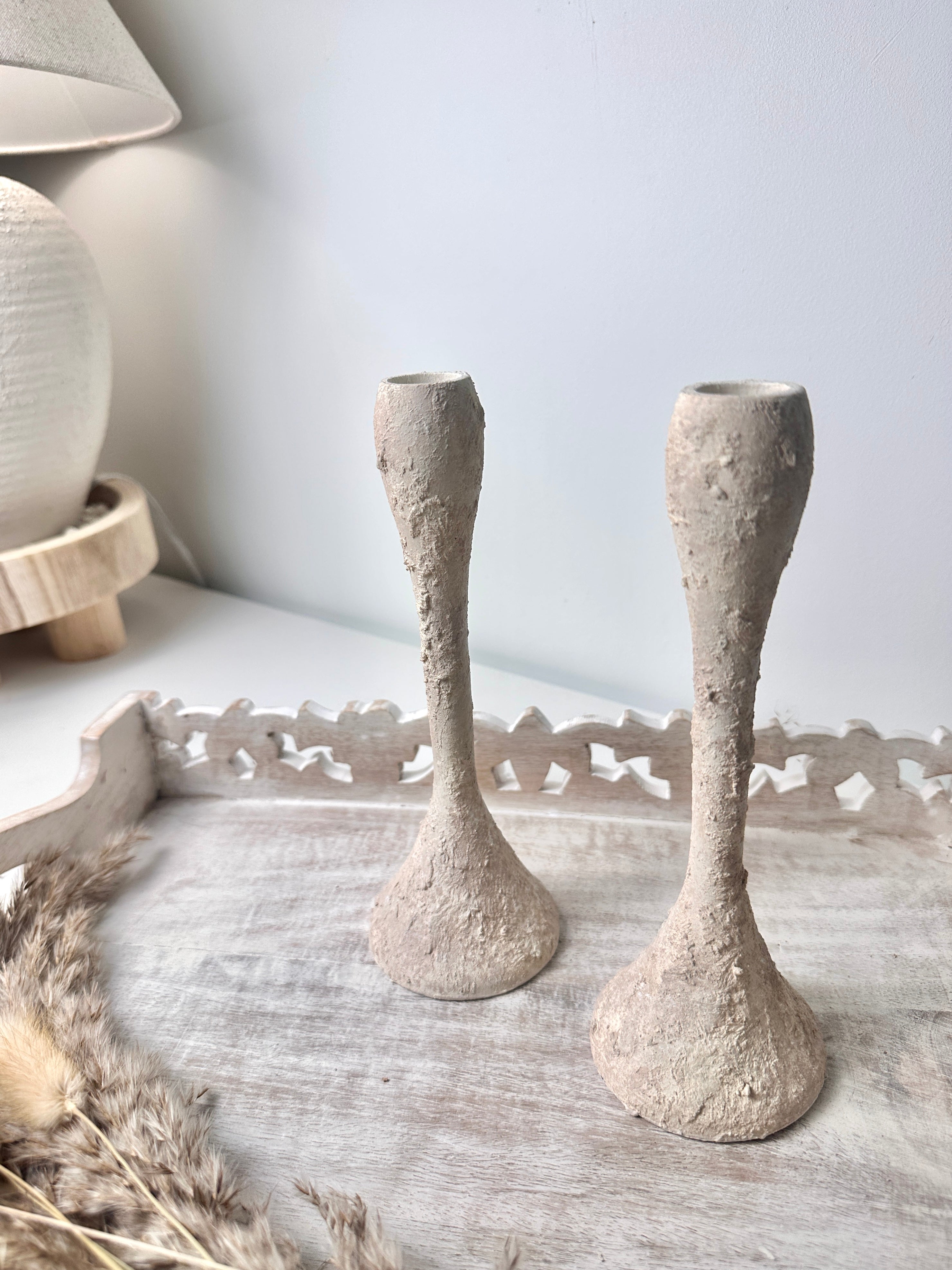 Set of 2 Candle Holders Minimalist Textured Hand-Painted 9" tall  - Cream Wash