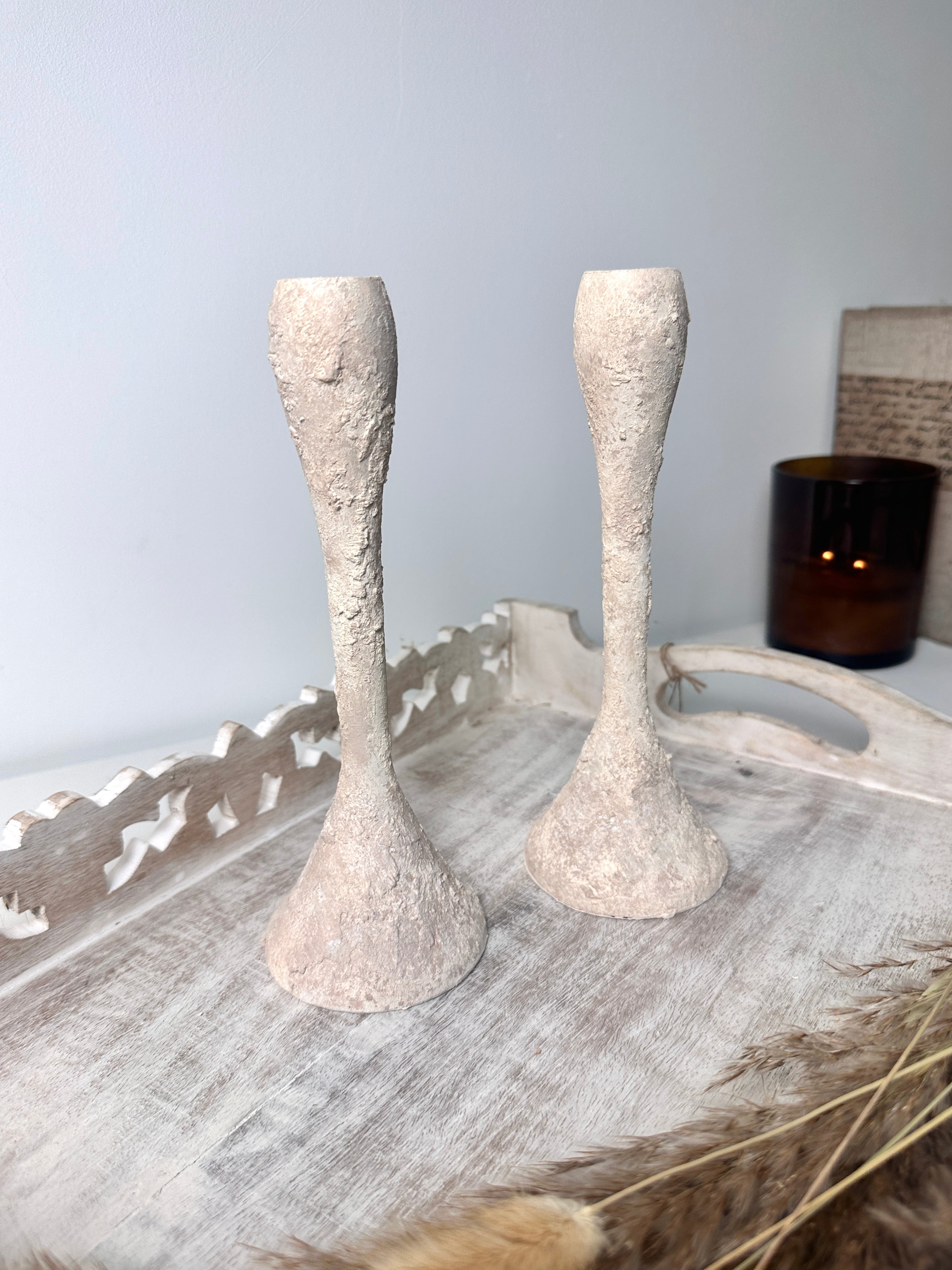 Set of 2 Candle Holders Minimalist Textured Hand-Painted 9" tall  - Cream Wash