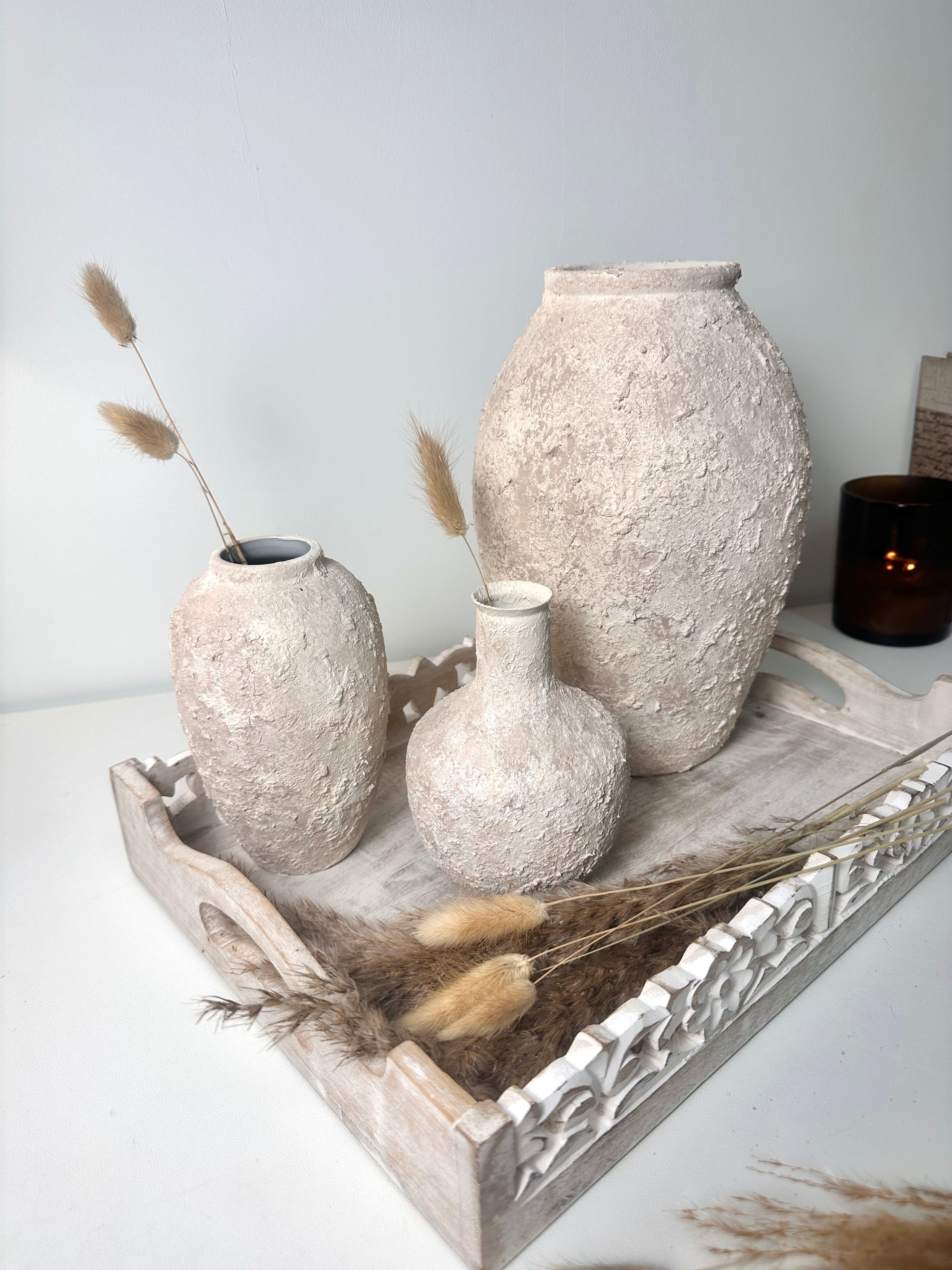 Minimalist Ceramic Vase Textured Hand-Painted 12" tall - Cream Wash