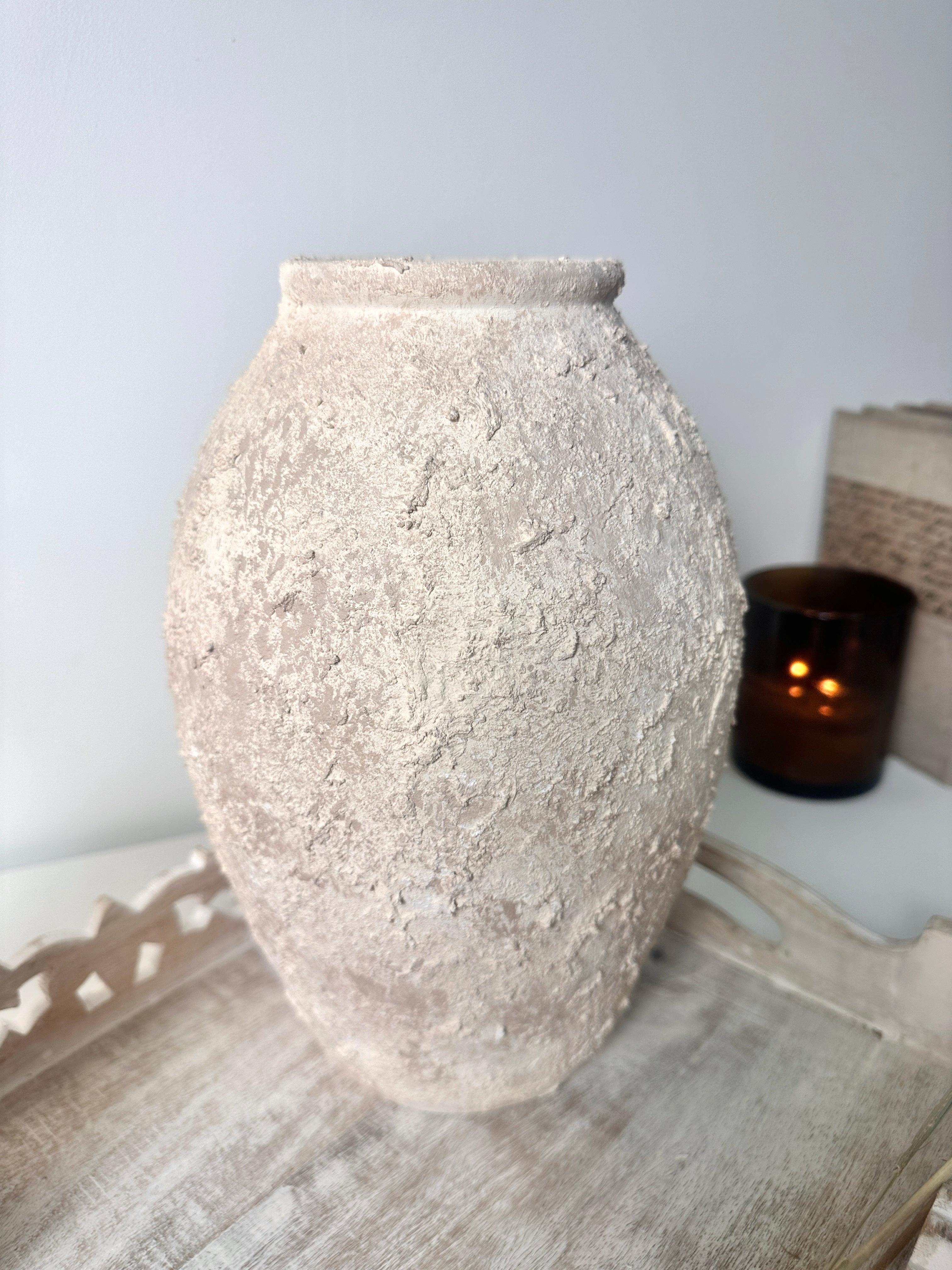 Minimalist Ceramic Vase Textured Hand-Painted 12" tall - Cream Wash