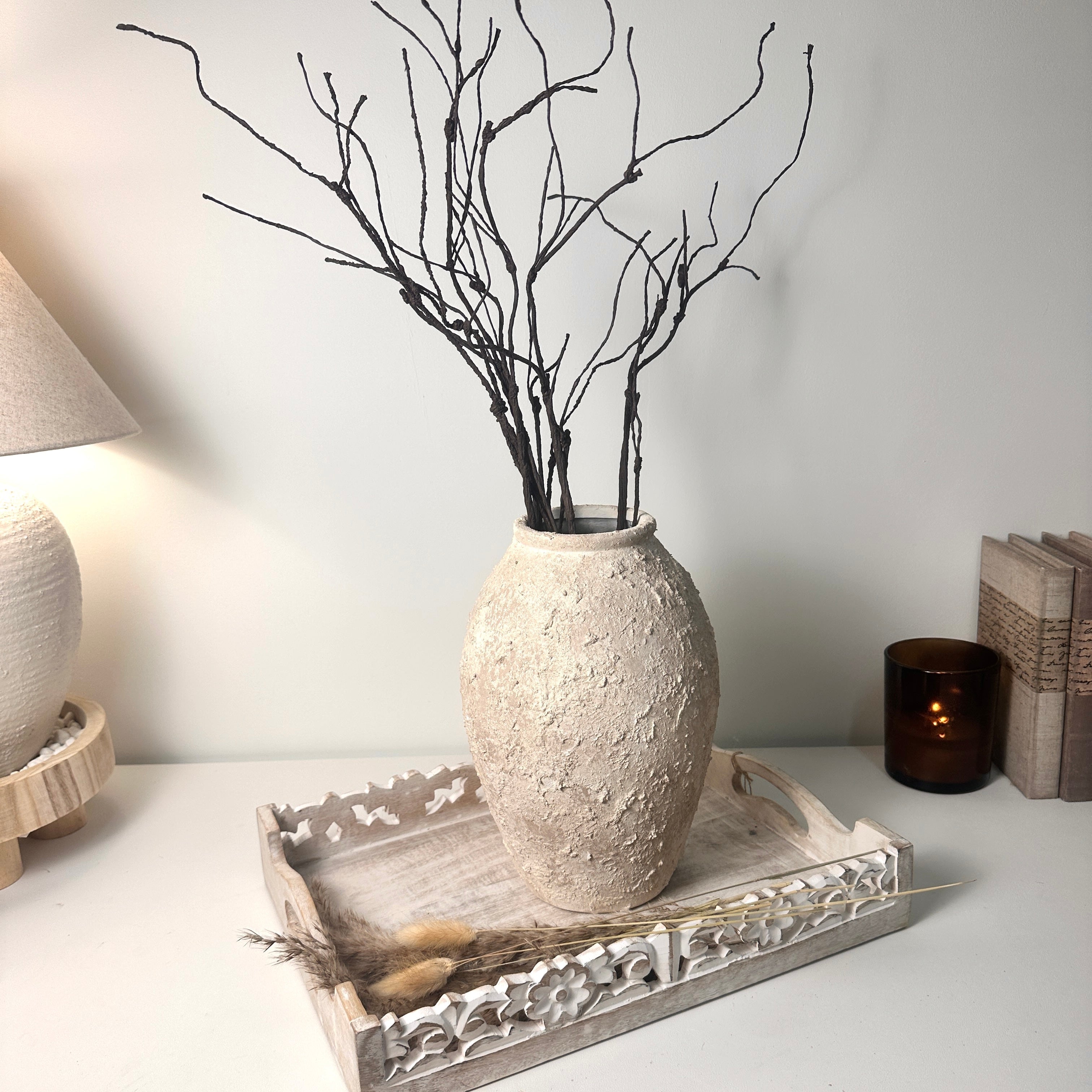 Minimalist Ceramic Vase Textured Hand-Painted 12" tall - Cream Wash
