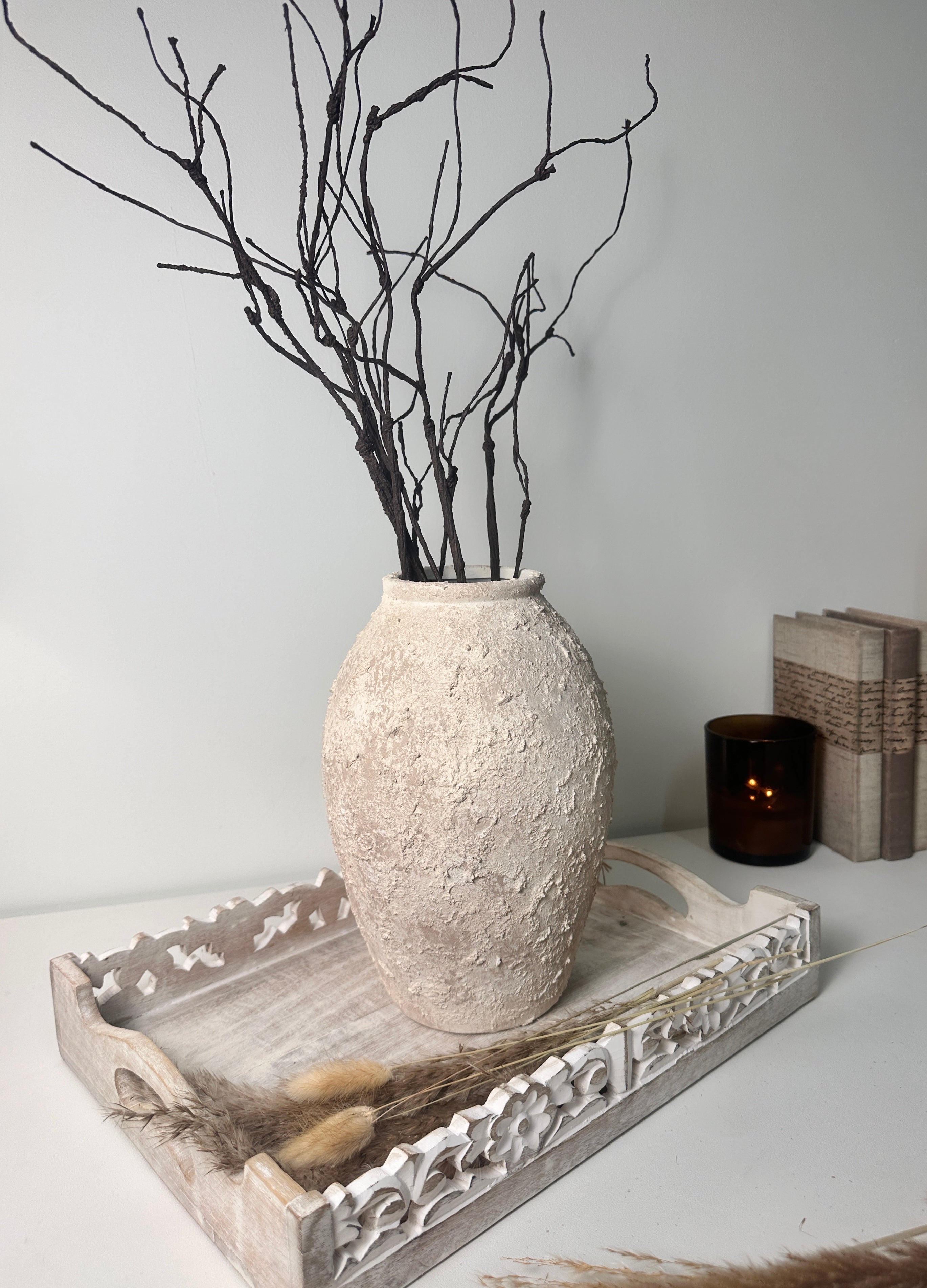 Minimalist Ceramic Vase Textured Hand-Painted 12" tall - Cream Wash