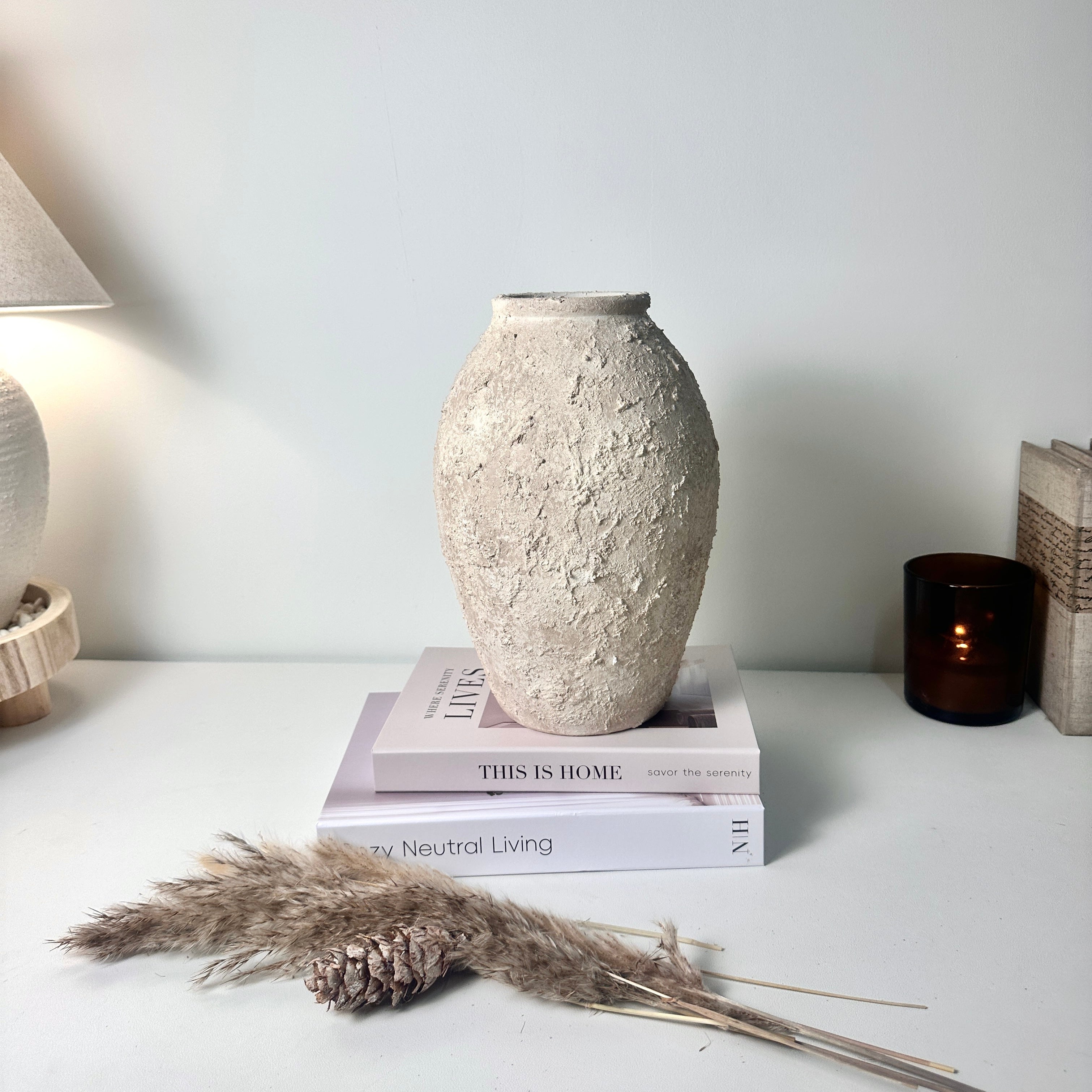 Minimalist Ceramic Vase Textured Hand-Painted 12" tall - Cream Wash