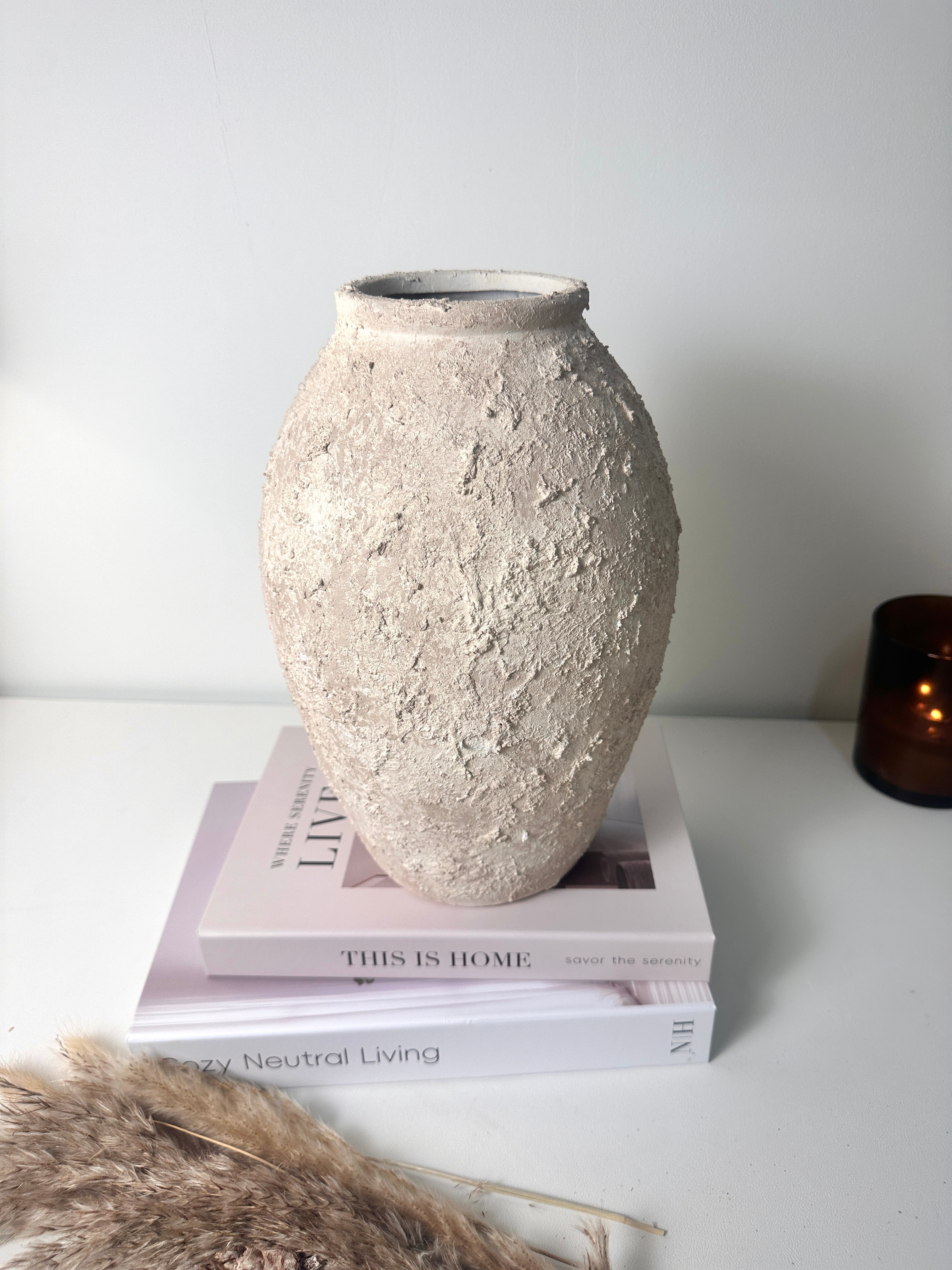 Minimalist Ceramic Vase Textured Hand-Painted 12" tall - Cream Wash