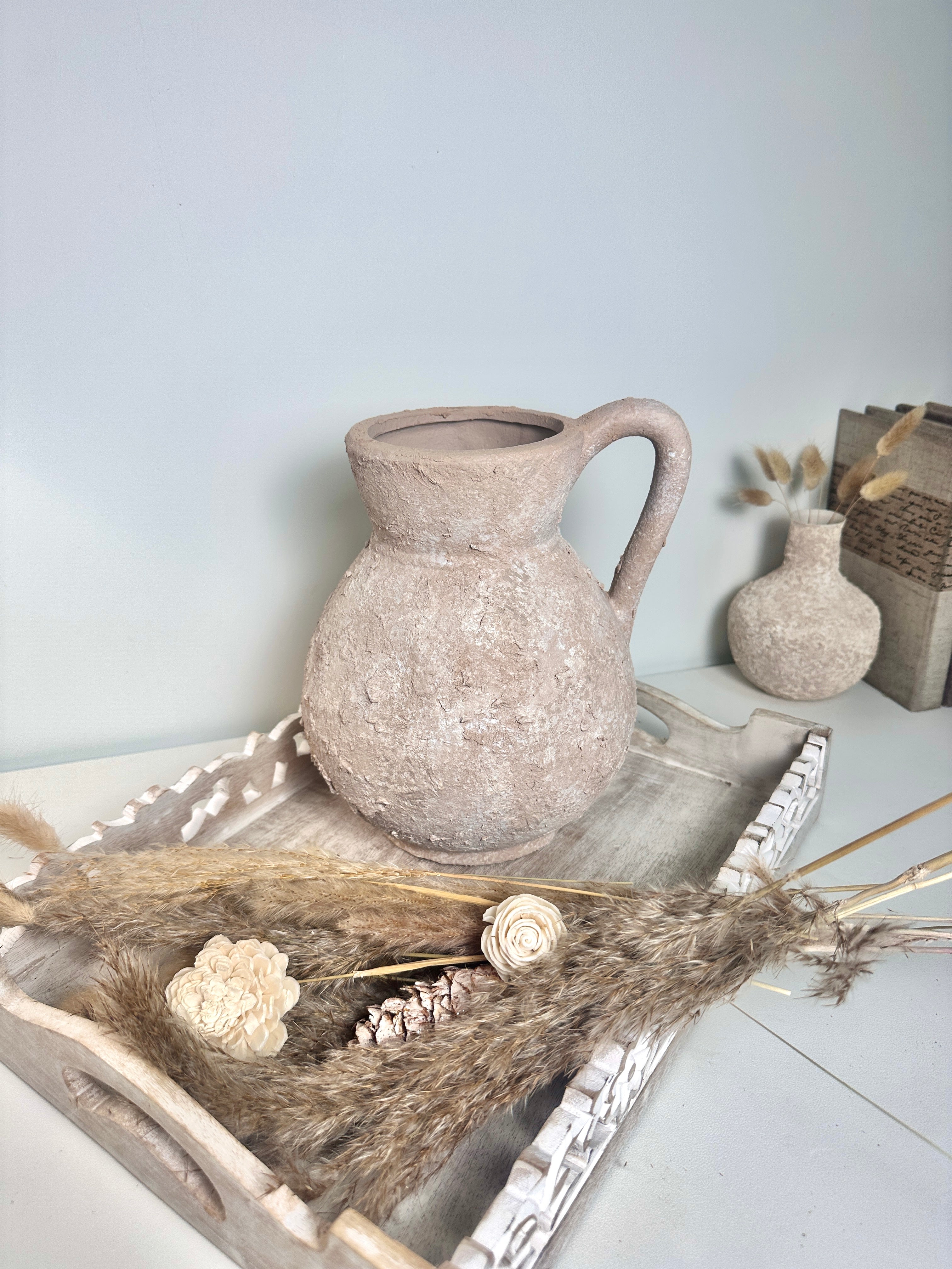 Rustic Ceramic Vase Textured Handcrafted 10" tall - Light Beige Wash