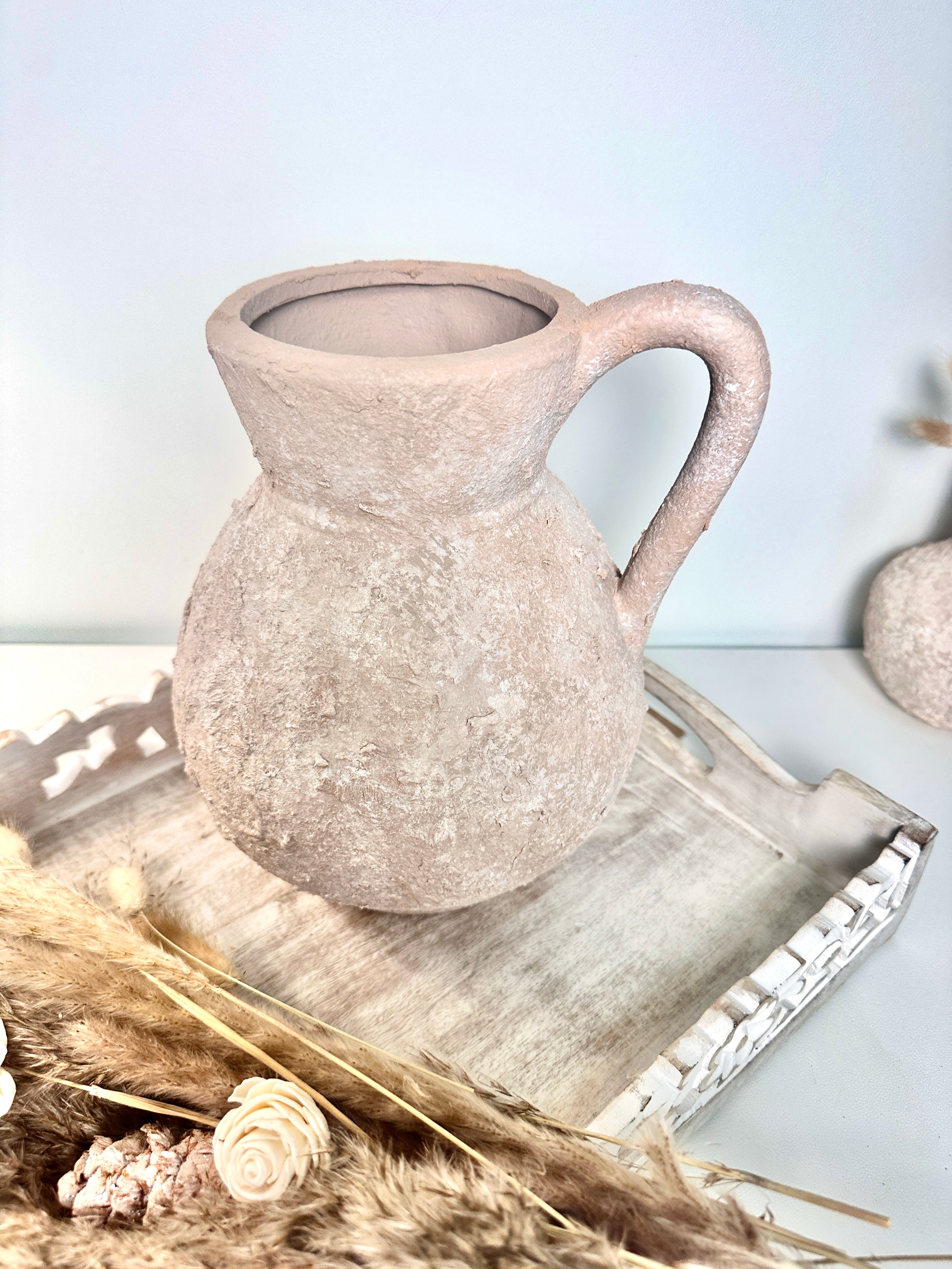 Rustic Ceramic Vase Textured Handcrafted 10" tall - Light Beige Wash
