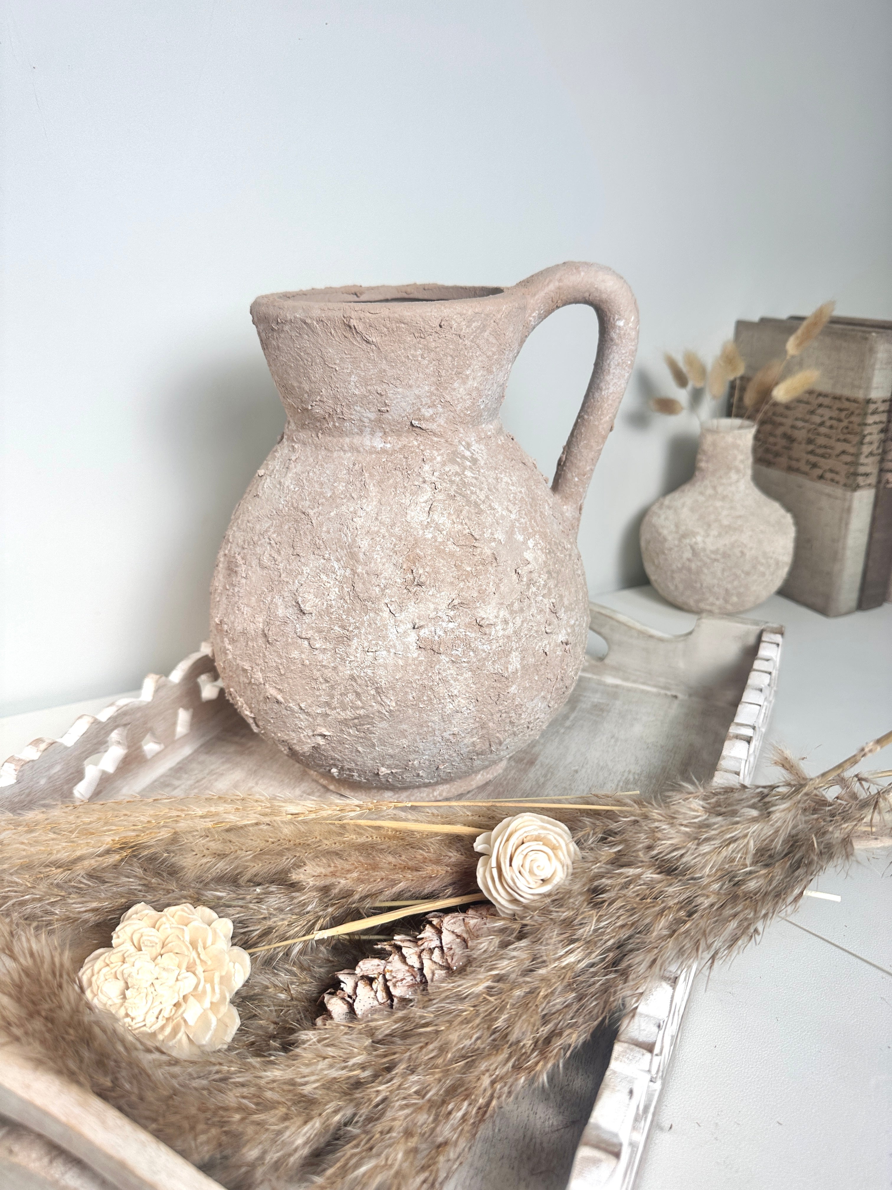 Rustic Ceramic Vase Textured Handcrafted 10" tall - Light Beige Wash