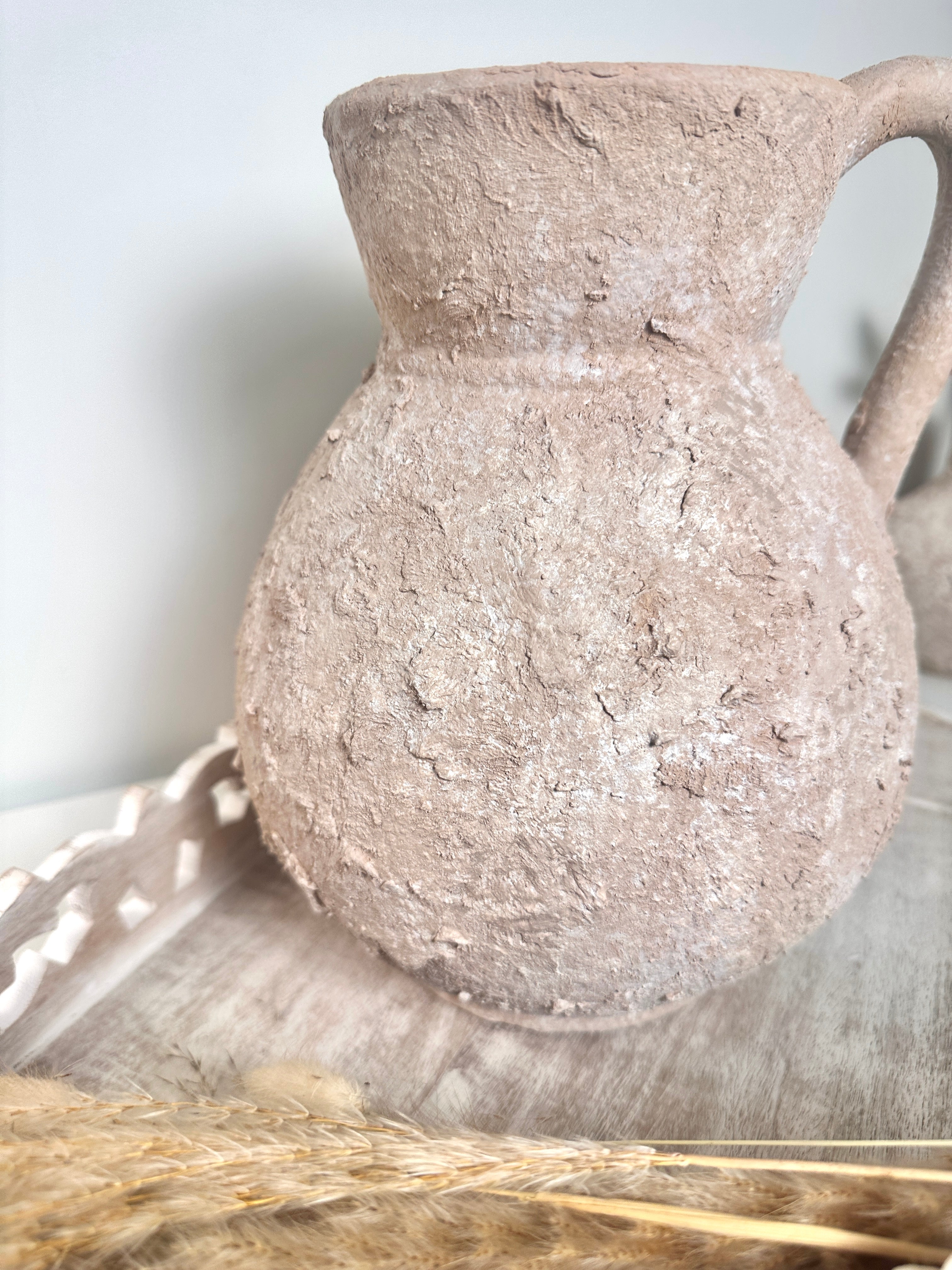 Rustic Ceramic Vase Textured Handcrafted 10" tall - Light Beige Wash