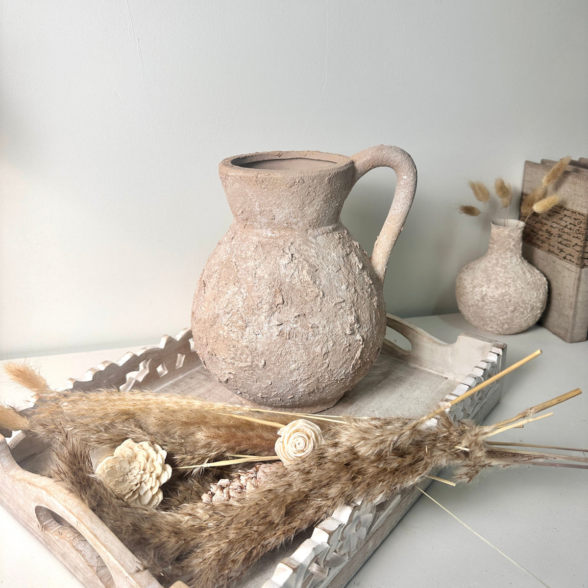 Rustic Ceramic Vase Textured Handcrafted 10" tall - Light Beige Wash