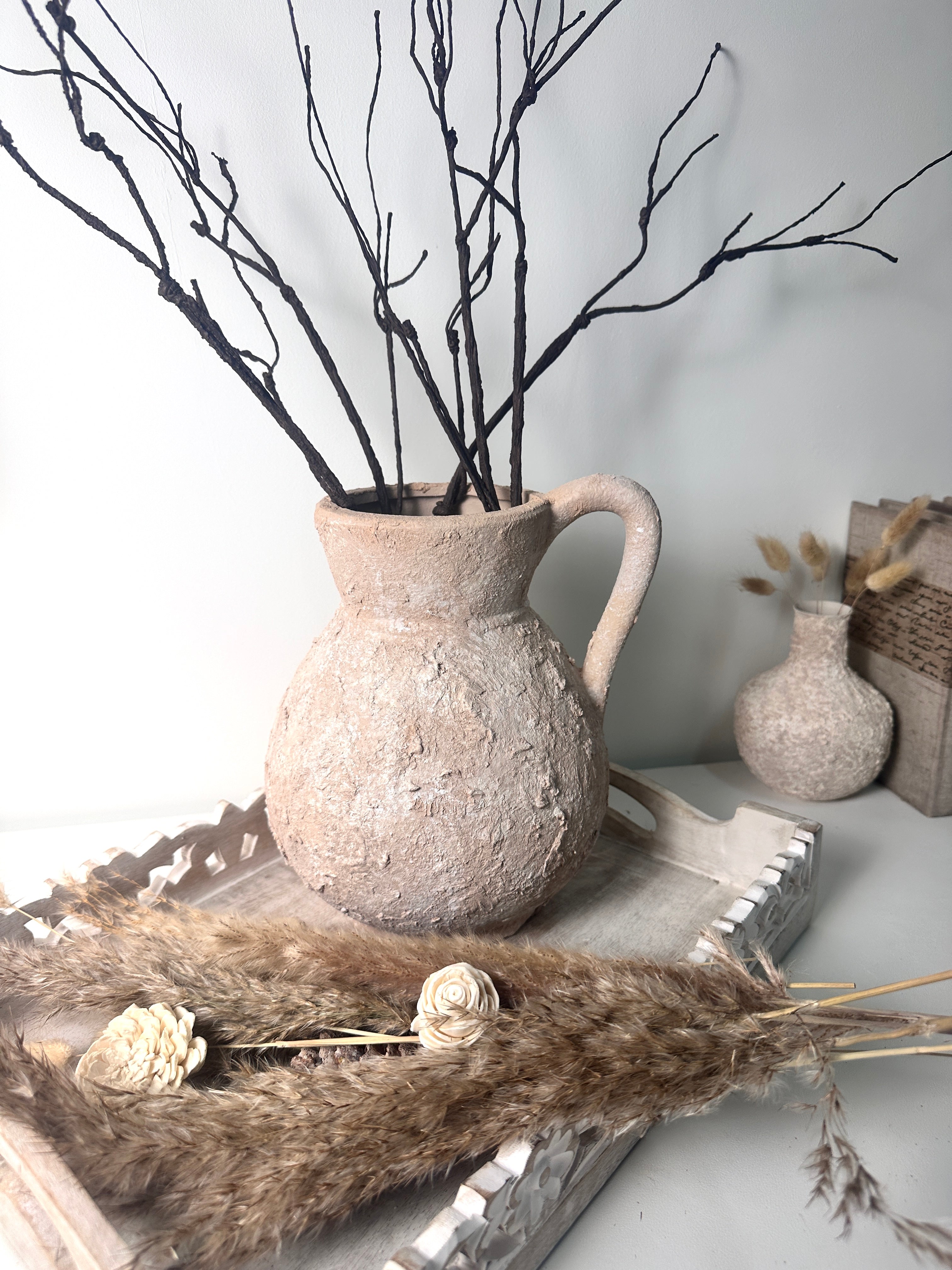 Rustic Ceramic Vase Textured Handcrafted 10" tall - Light Beige Wash