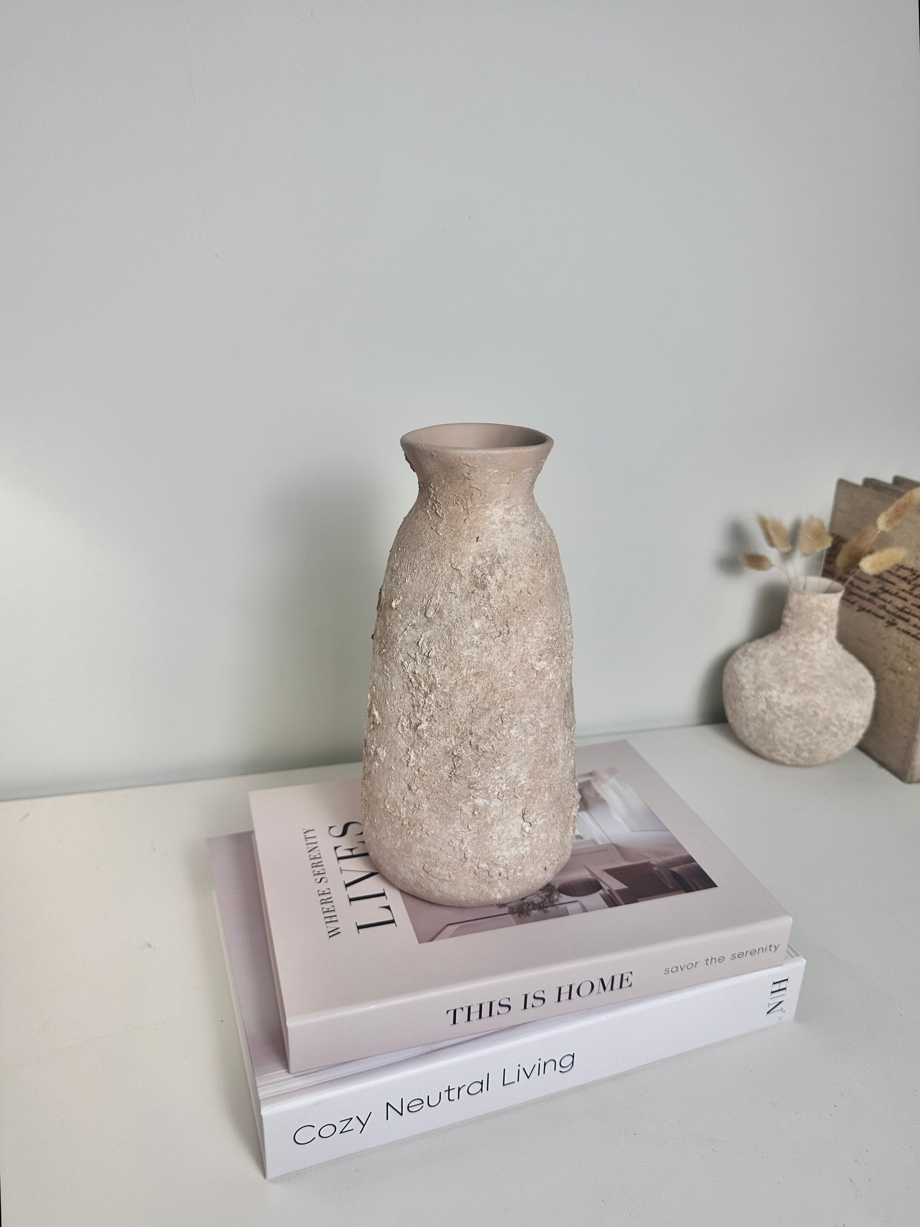 Rustic Ceramic Vase Textured Hand-Painted 9" tall - Light Beige Wash
