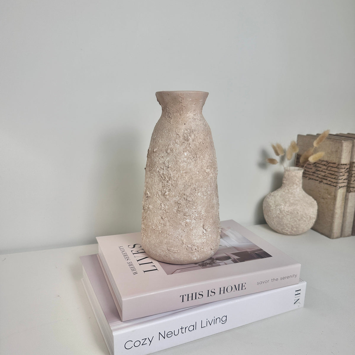 Rustic Ceramic Vase Textured Hand-Painted 9" tall - Light Beige Wash