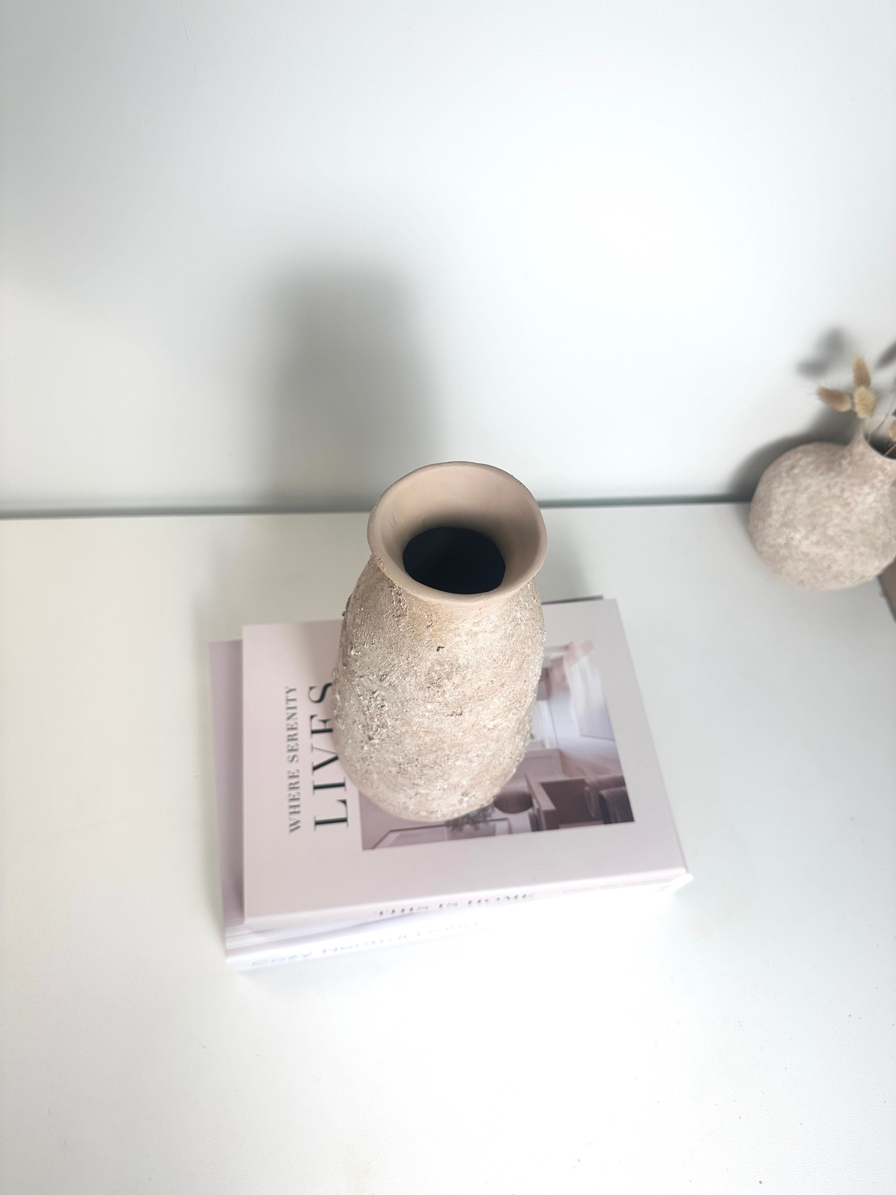 Rustic Ceramic Vase Textured Hand-Painted 9" tall - Light Beige Wash