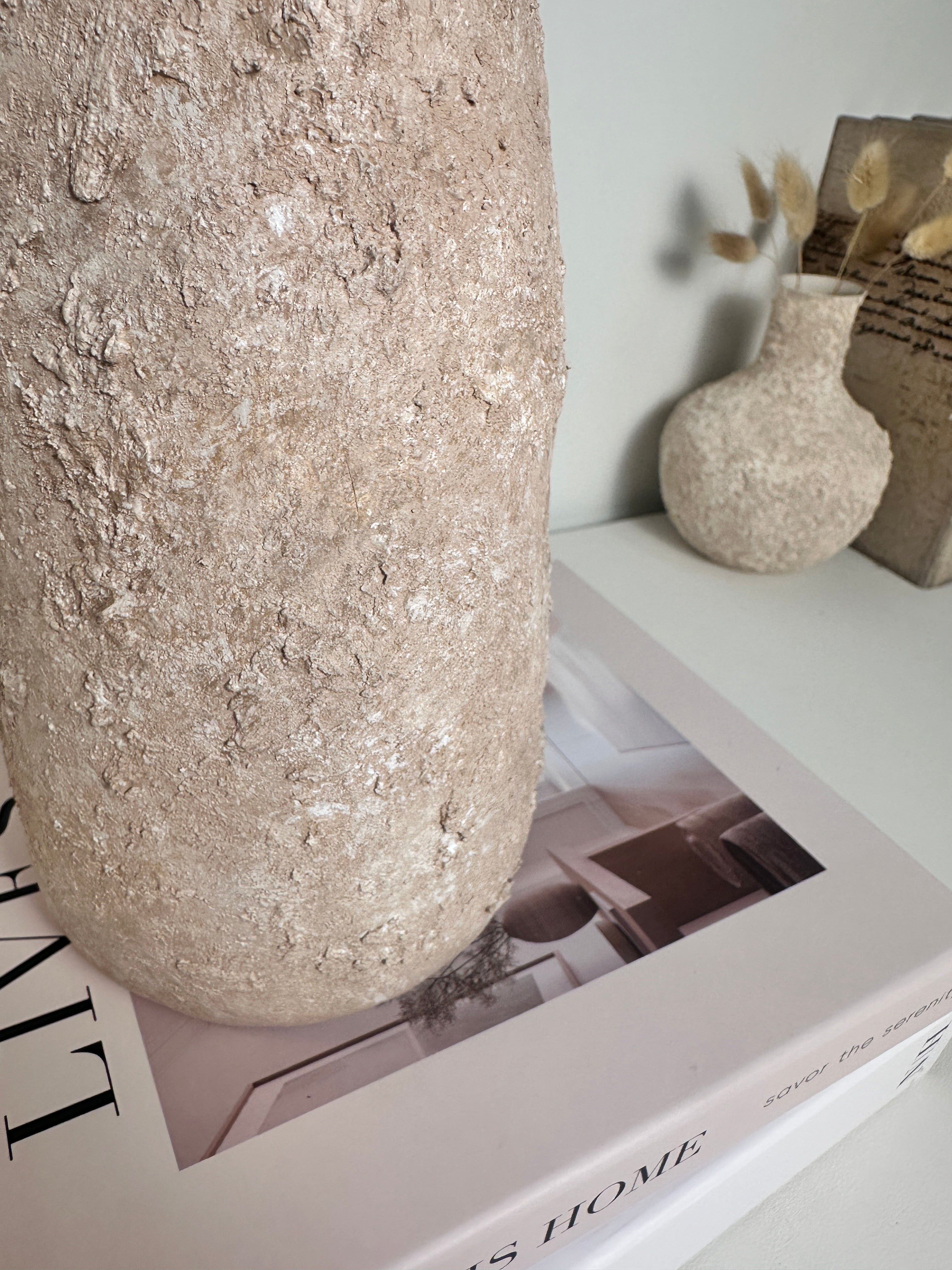 Rustic Ceramic Vase Textured Hand-Painted 9" tall - Light Beige Wash