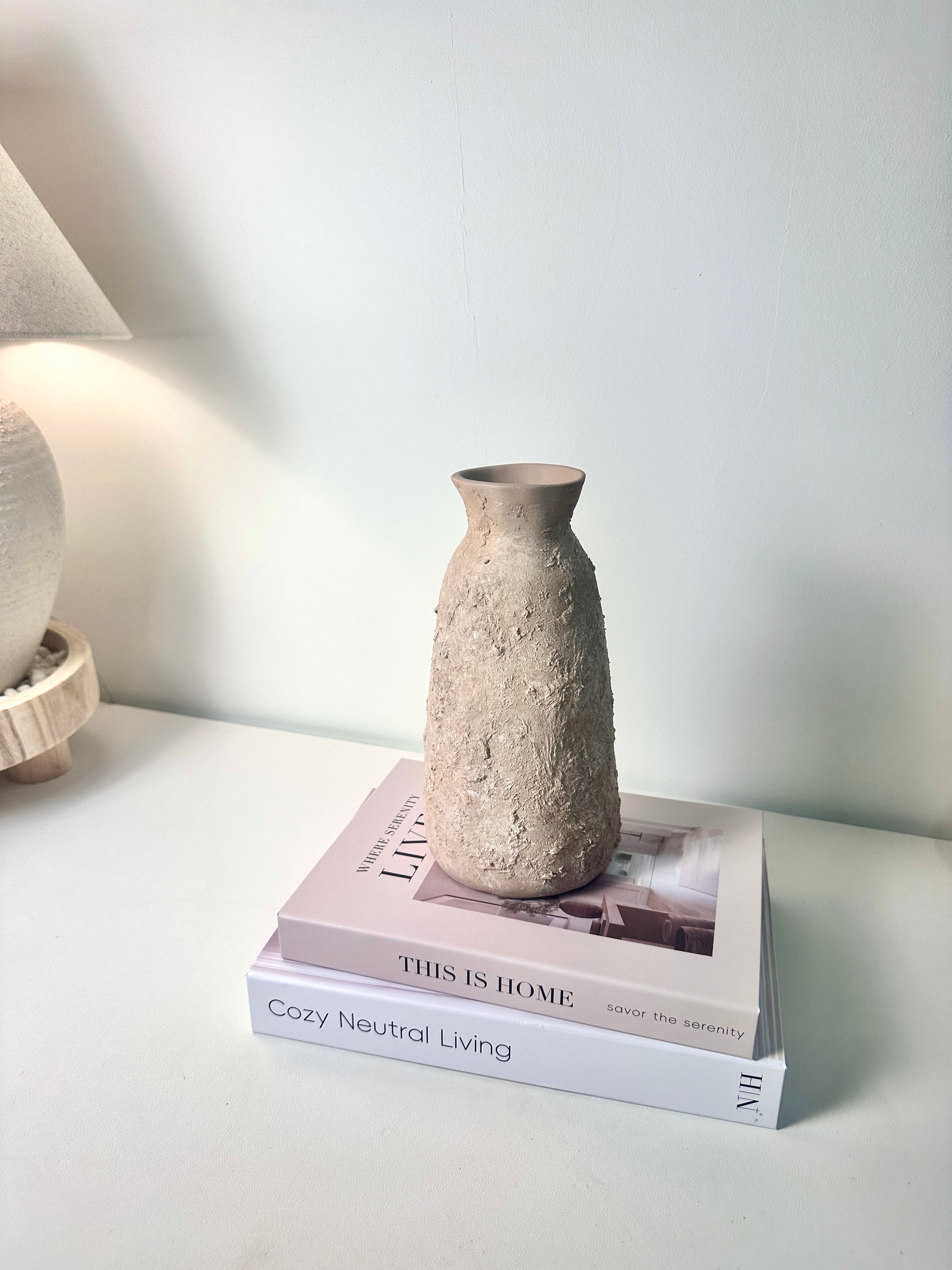 Rustic Ceramic Vase Textured Hand-Painted 9" tall - Light Beige Wash