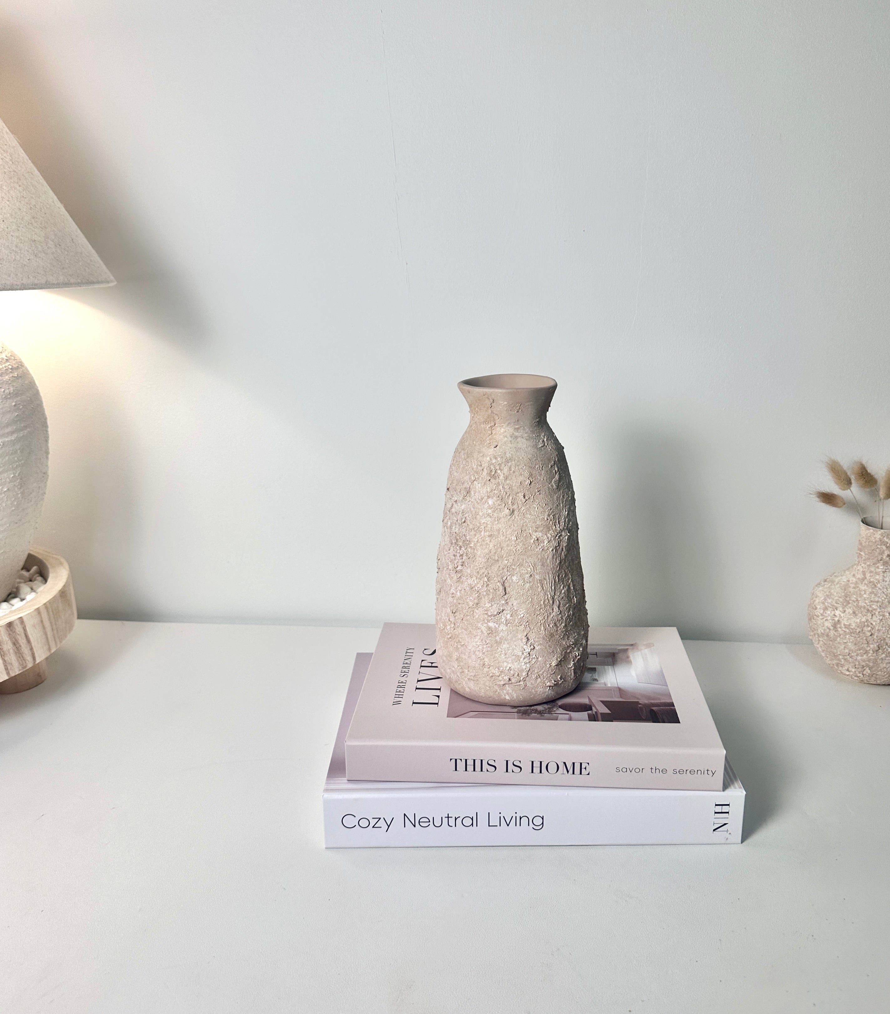 Rustic Ceramic Vase Textured Hand-Painted 9" tall - Light Beige Wash