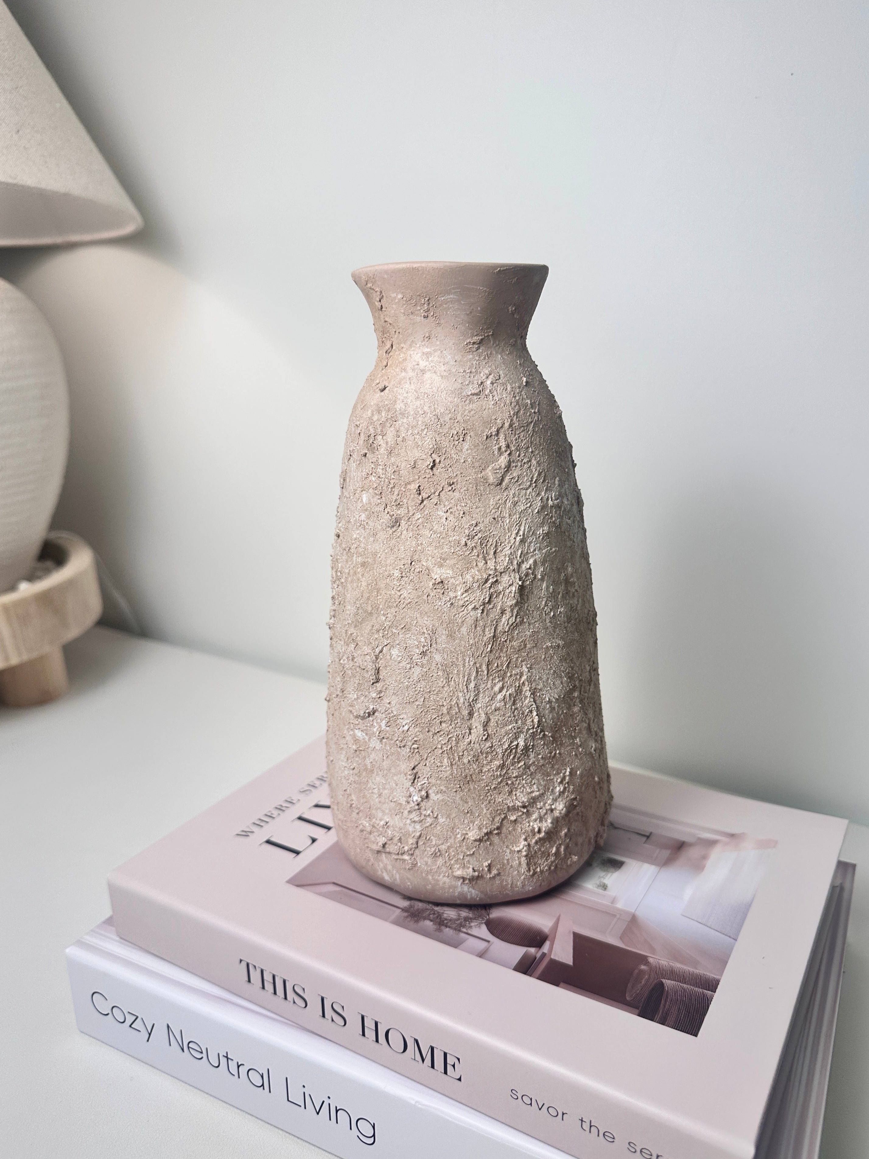 Rustic Ceramic Vase Textured Hand-Painted 9" tall - Light Beige Wash
