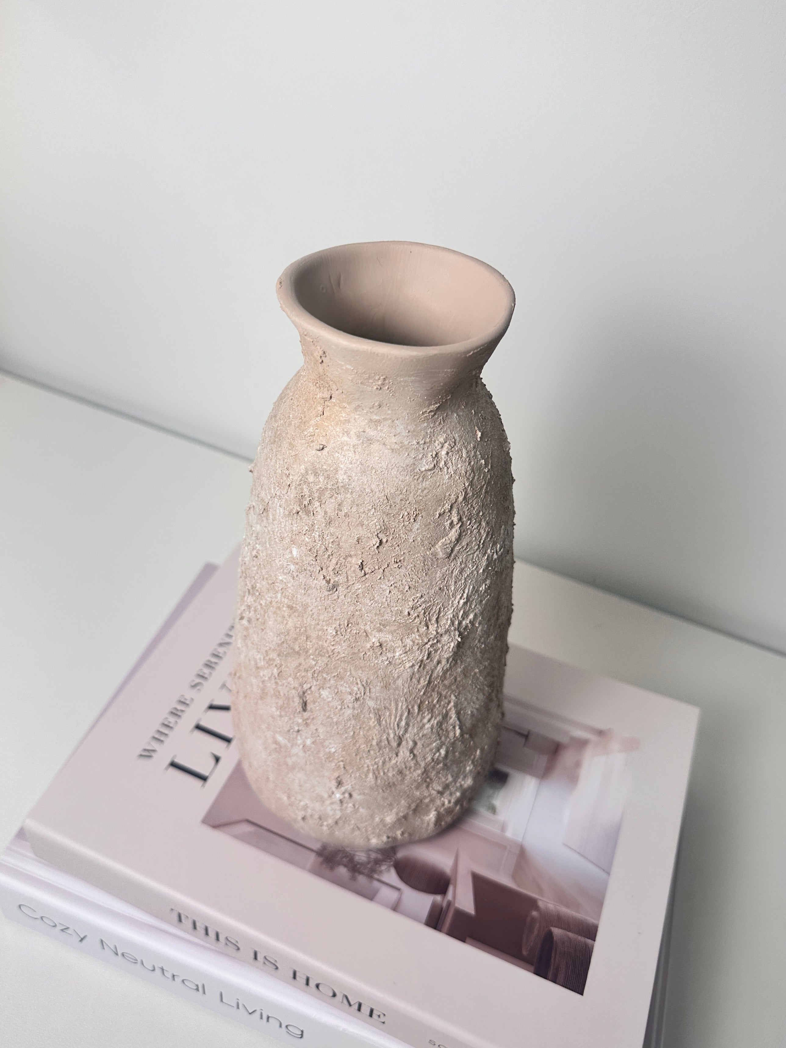 Rustic Ceramic Vase Textured Hand-Painted 9" tall - Light Beige Wash
