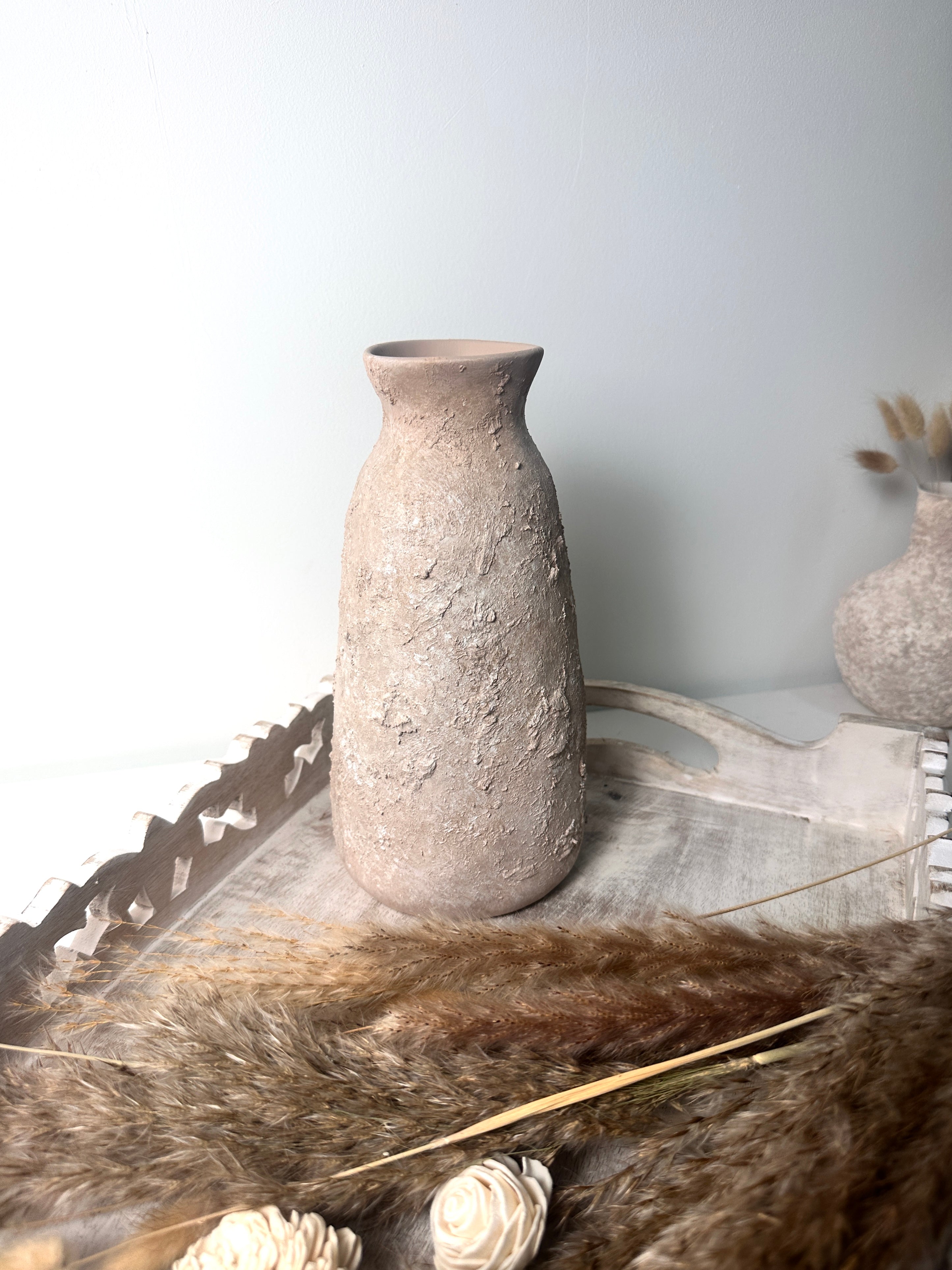 Rustic Ceramic Vase Textured Hand-Painted 9" tall - Light Beige Wash