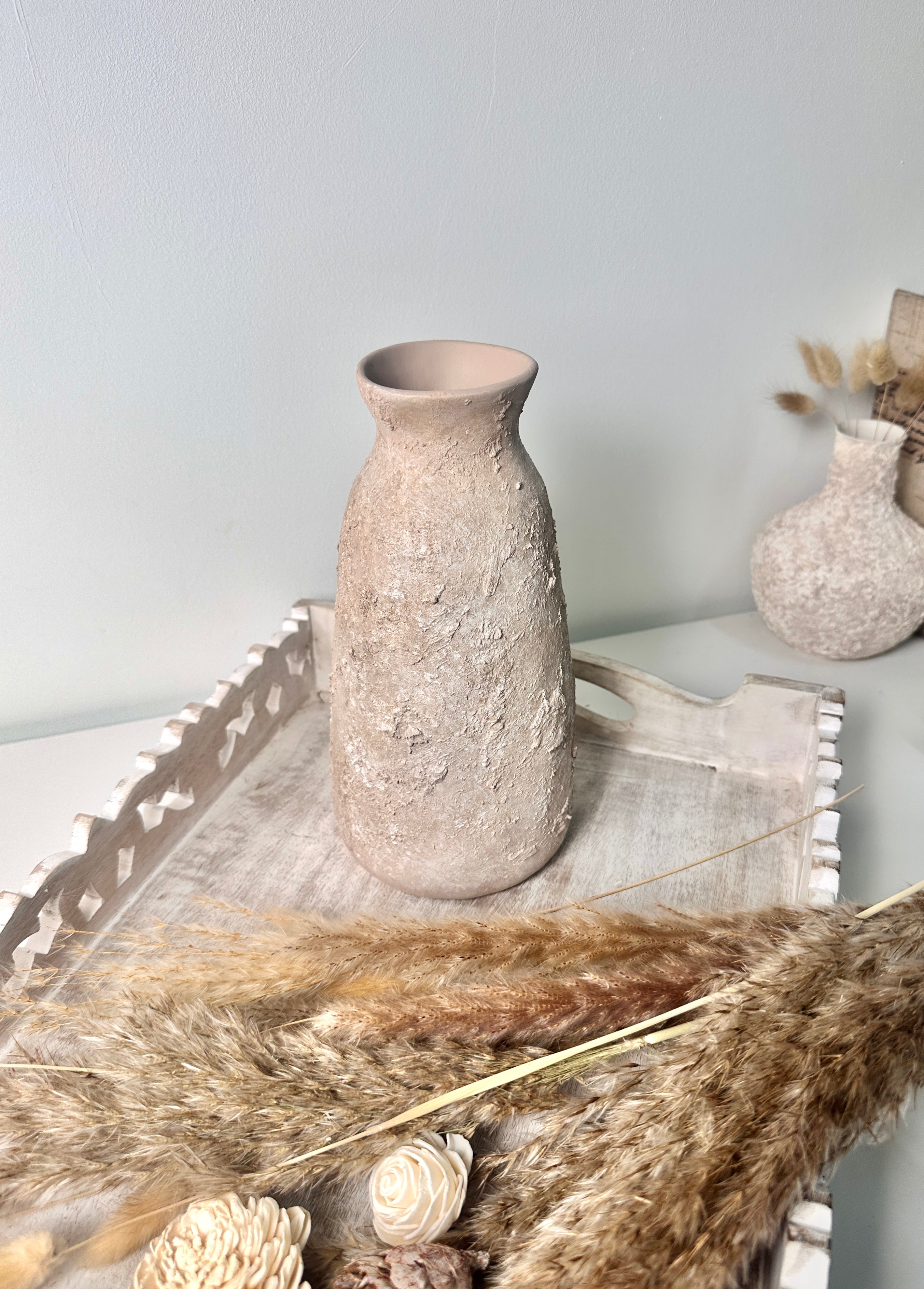 Rustic Ceramic Vase Textured Hand-Painted 9" tall - Light Beige Wash