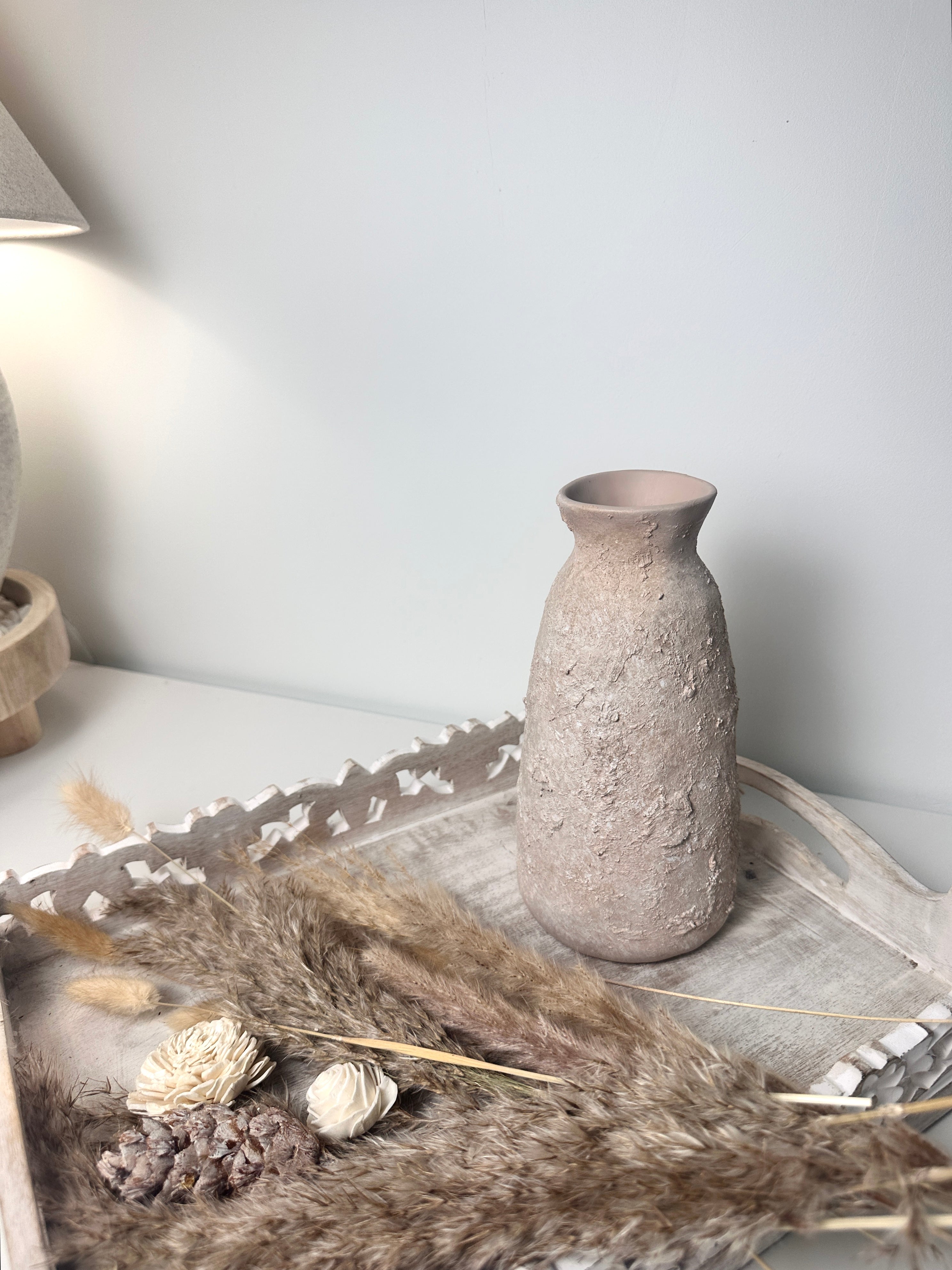 Rustic Ceramic Vase Textured Hand-Painted 9" tall - Light Beige Wash