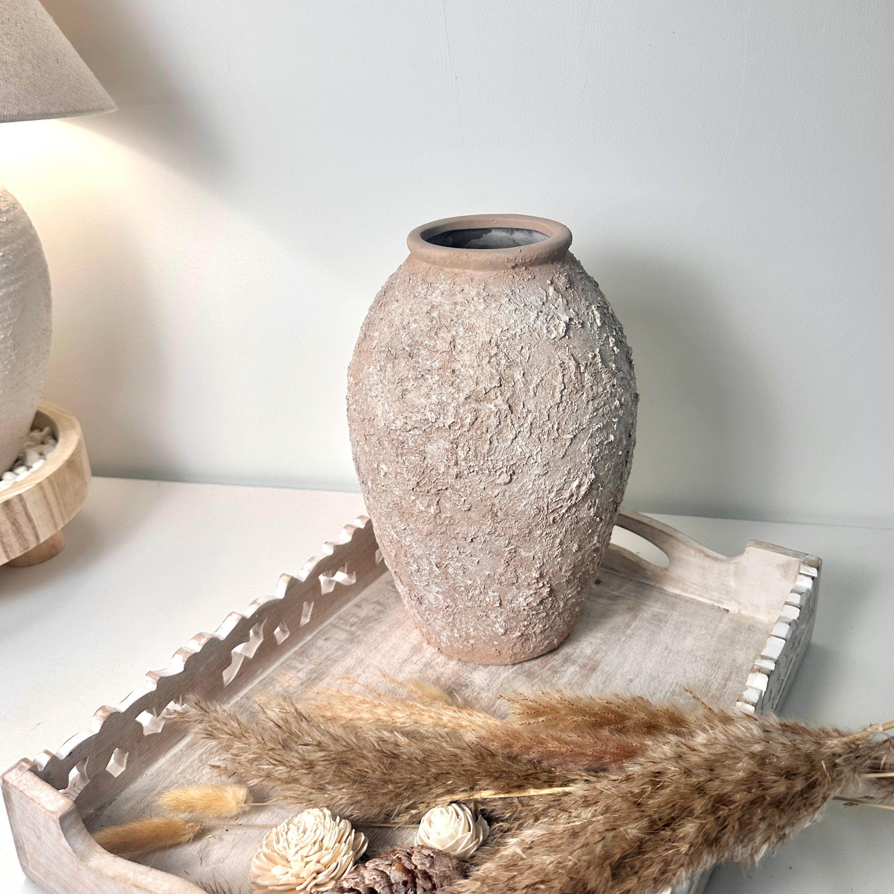 Rustic Ceramic Vase Textured Hand-Painted 10" tall - Light Beige Wash