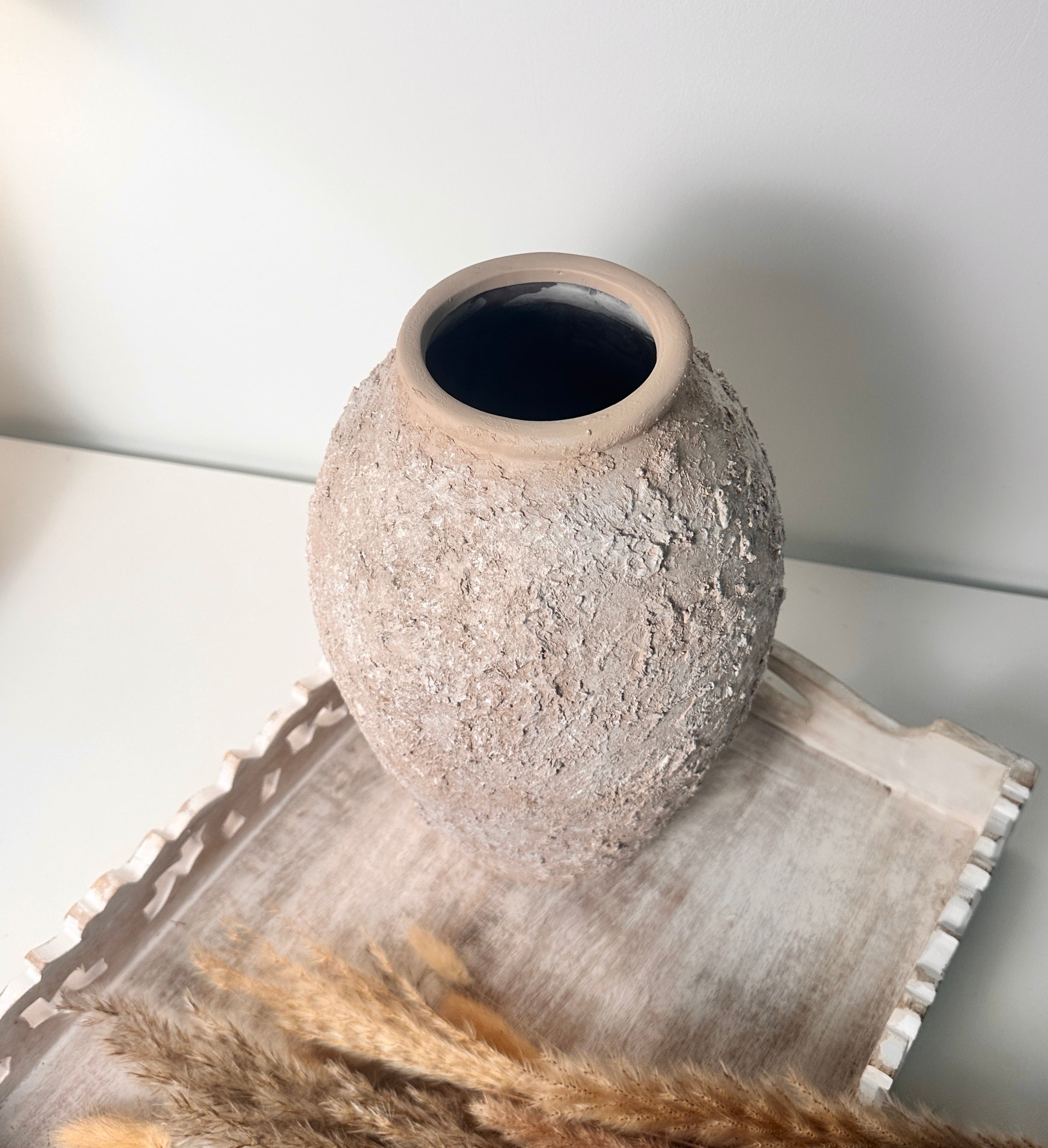 Rustic Ceramic Vase Textured Hand-Painted 10" tall - Light Beige Wash