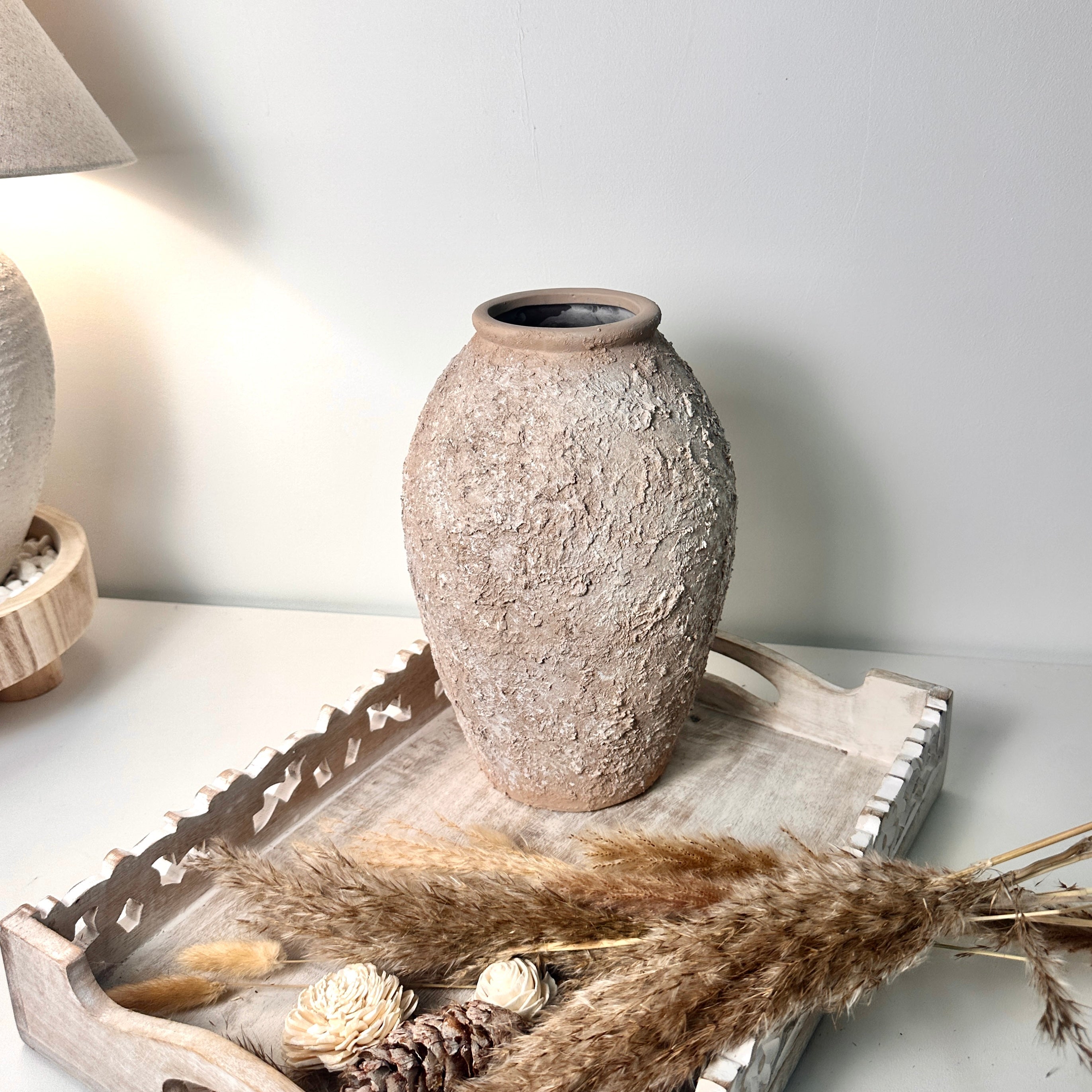 Rustic Ceramic Vase Textured Hand-Painted 10" tall - Light Beige Wash
