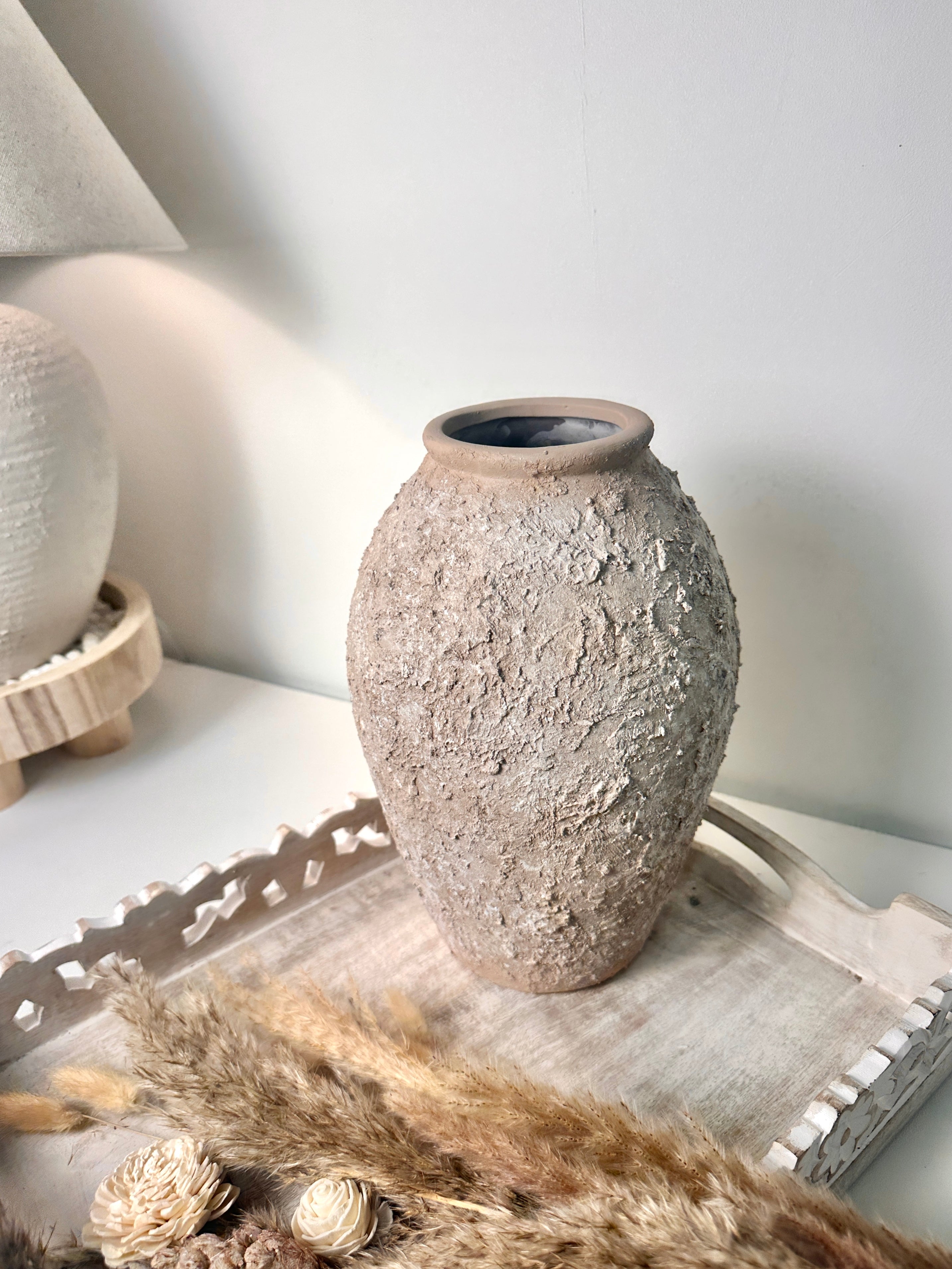 Rustic Ceramic Vase Textured Hand-Painted 10" tall - Light Beige Wash