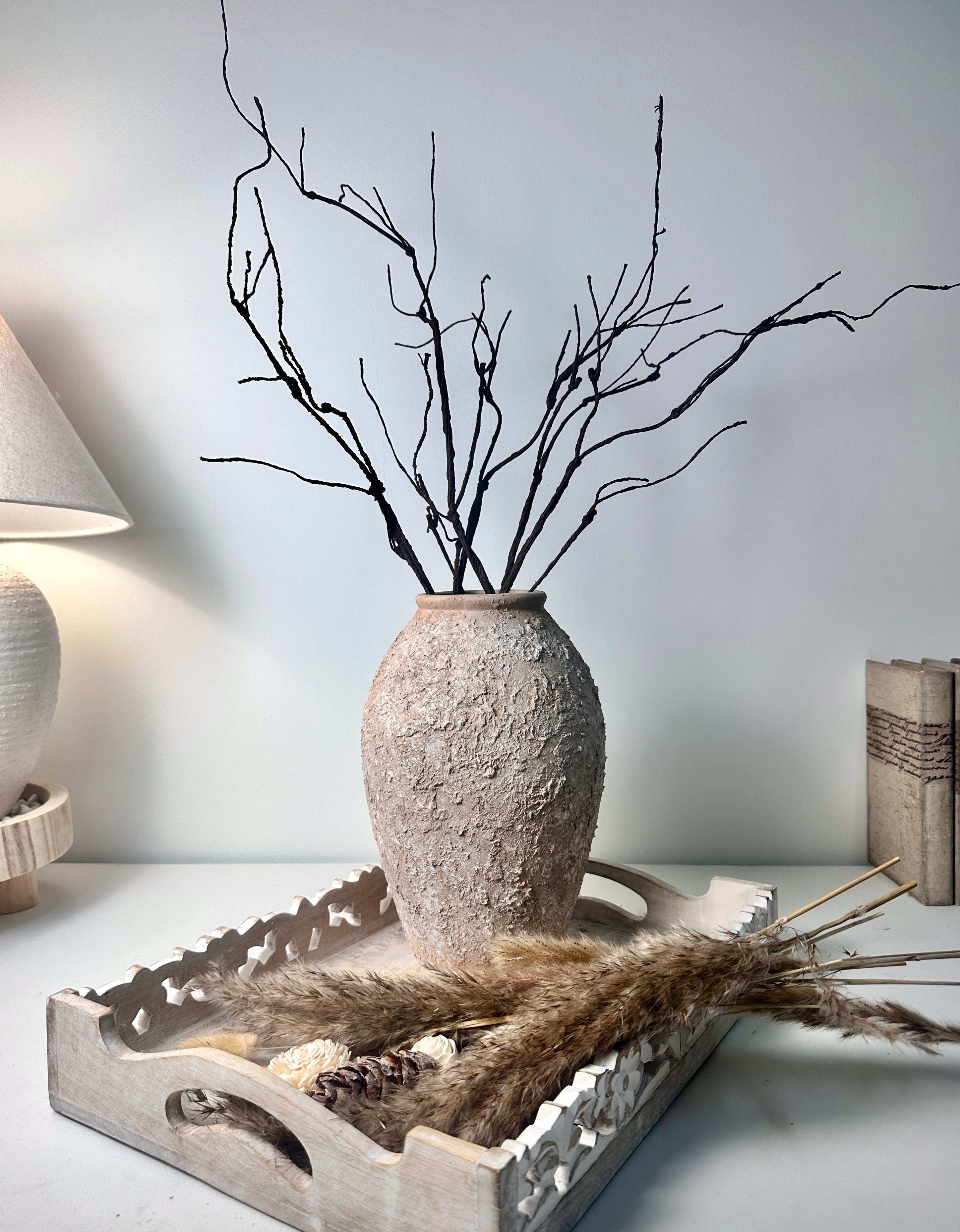 Rustic Ceramic Vase Textured Hand-Painted 10" tall - Light Beige Wash