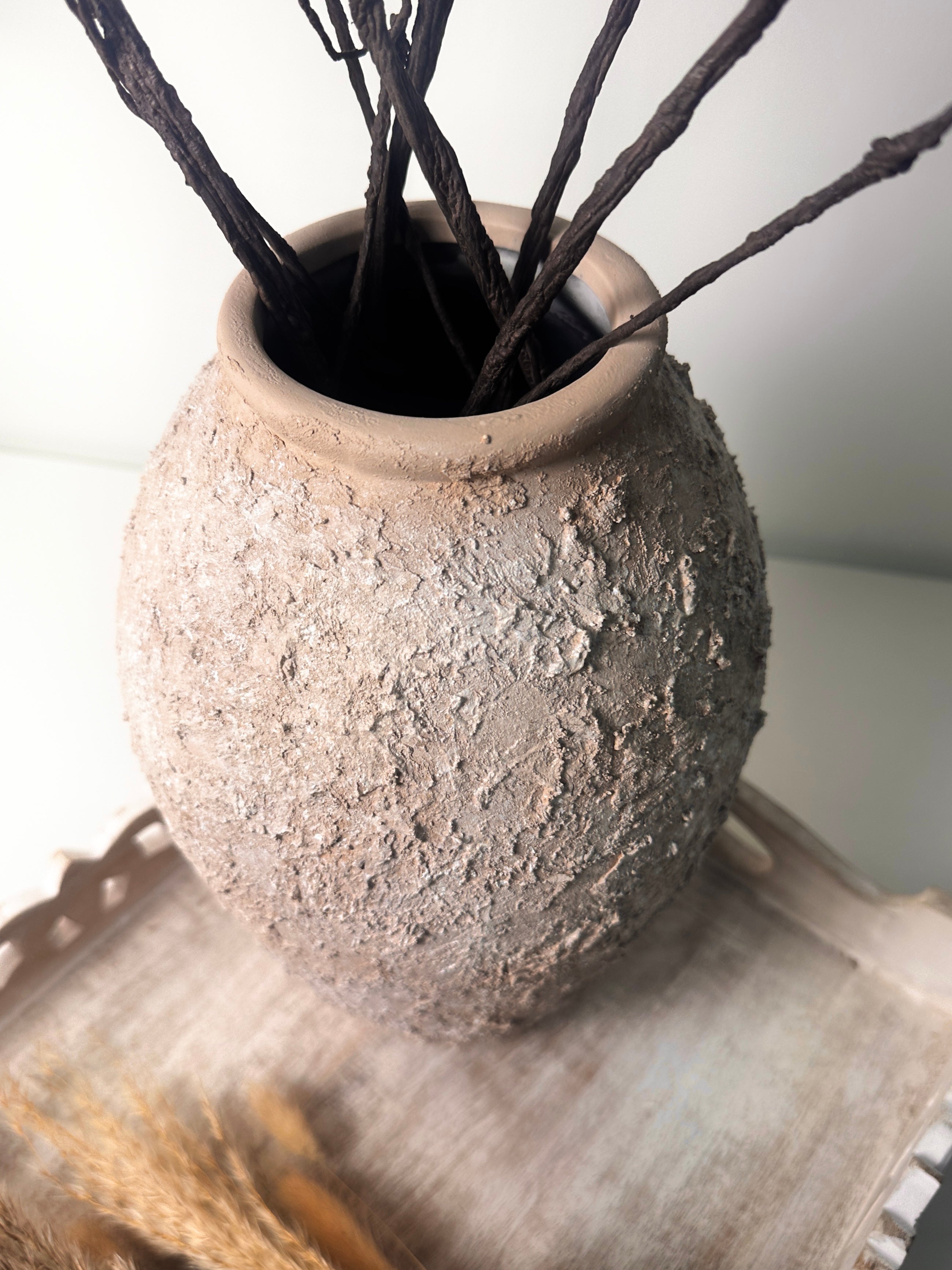 Rustic Ceramic Vase Textured Hand-Painted 10" tall - Light Beige Wash
