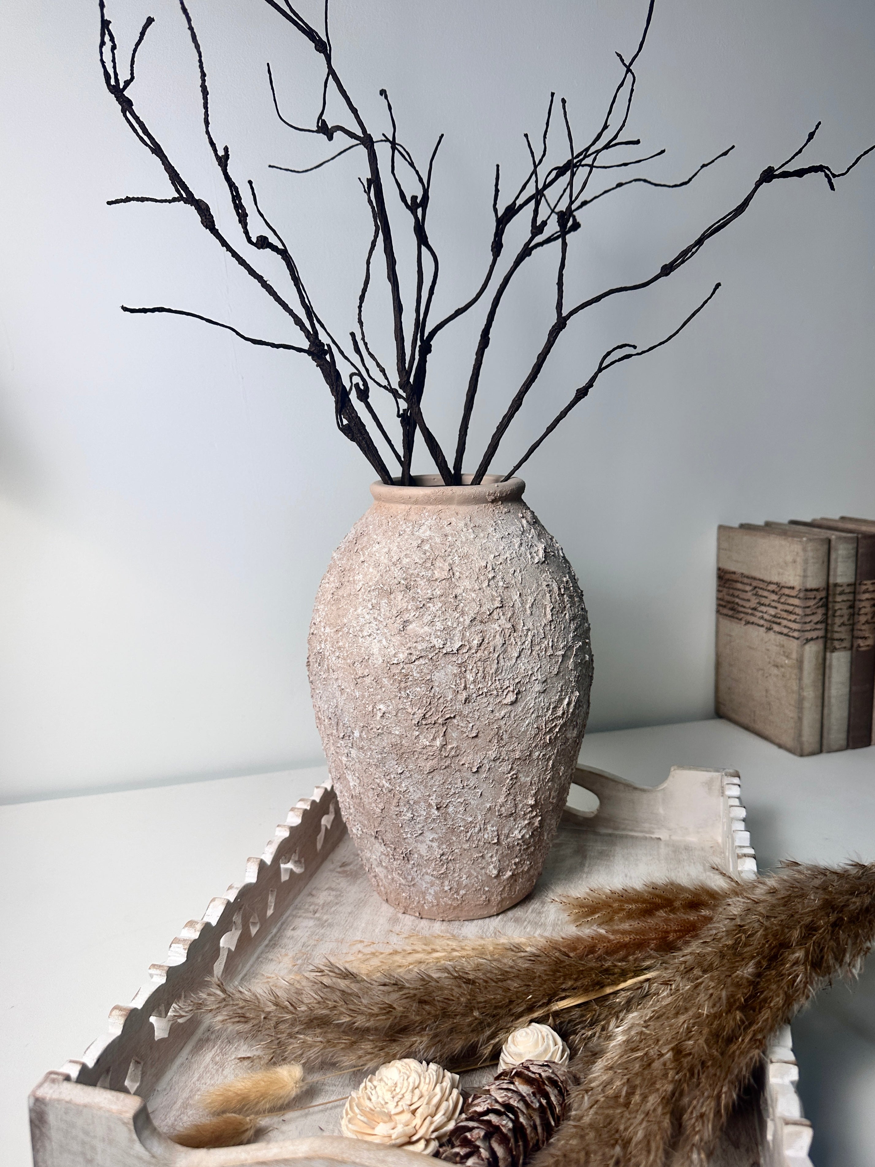 Rustic Ceramic Vase Textured Hand-Painted 10" tall - Light Beige Wash