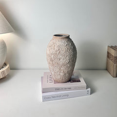 Rustic Ceramic Vase Textured Hand-Painted 10" tall - Light Beige Wash
