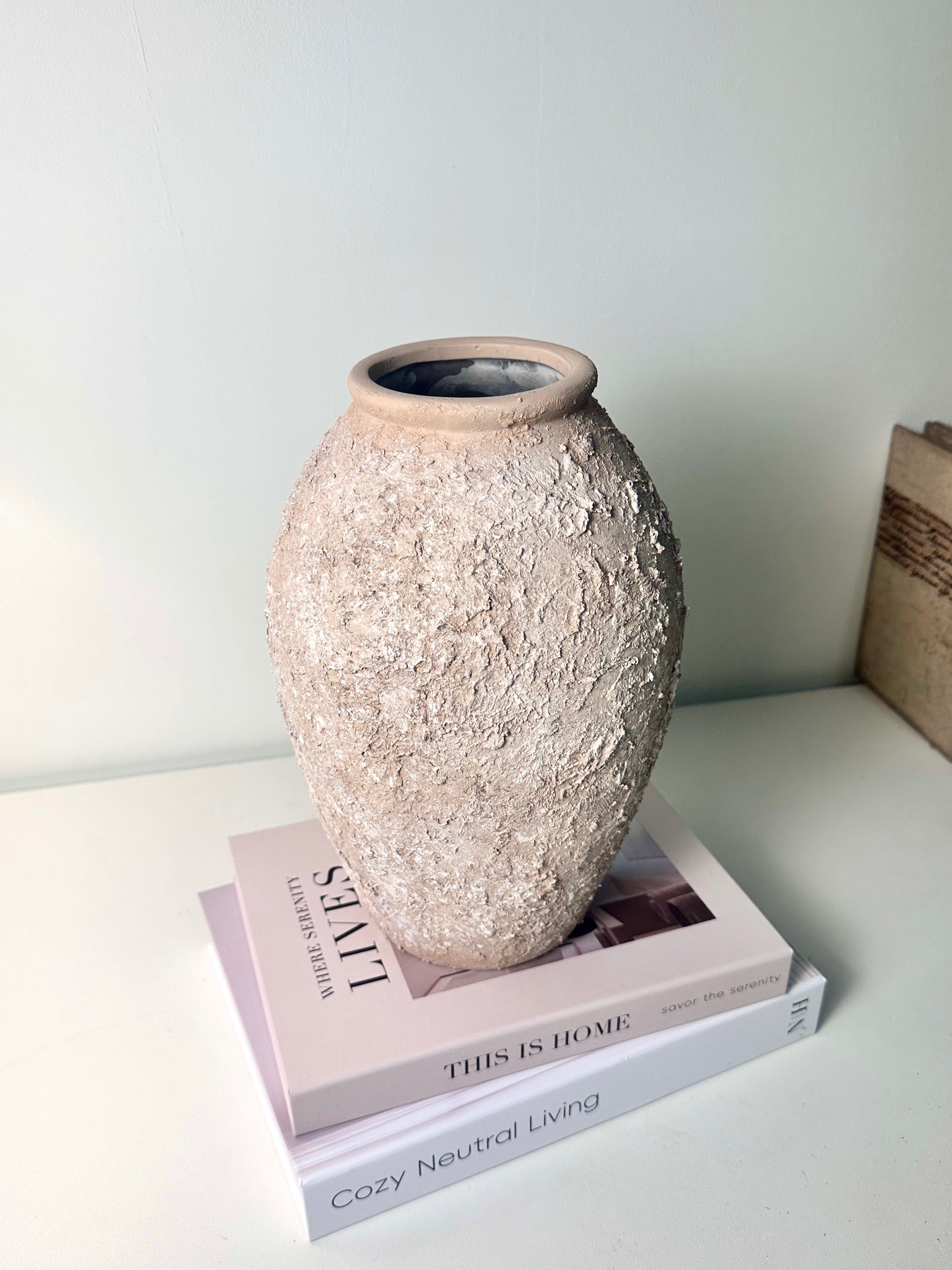 Rustic Ceramic Vase Textured Hand-Painted 10" tall - Light Beige Wash