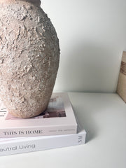 Rustic Ceramic Vase Textured Hand-Painted 10" tall - Light Beige Wash