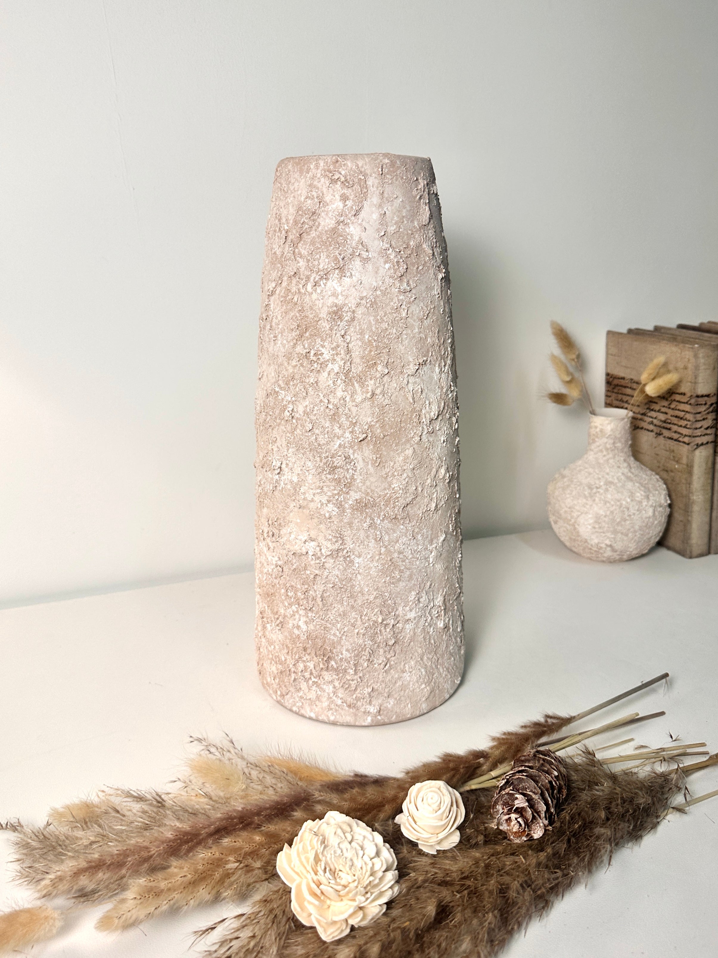 Rustic Ceramic Jar Vase Textured Handcrafted 15" tall - Light Beige Wash