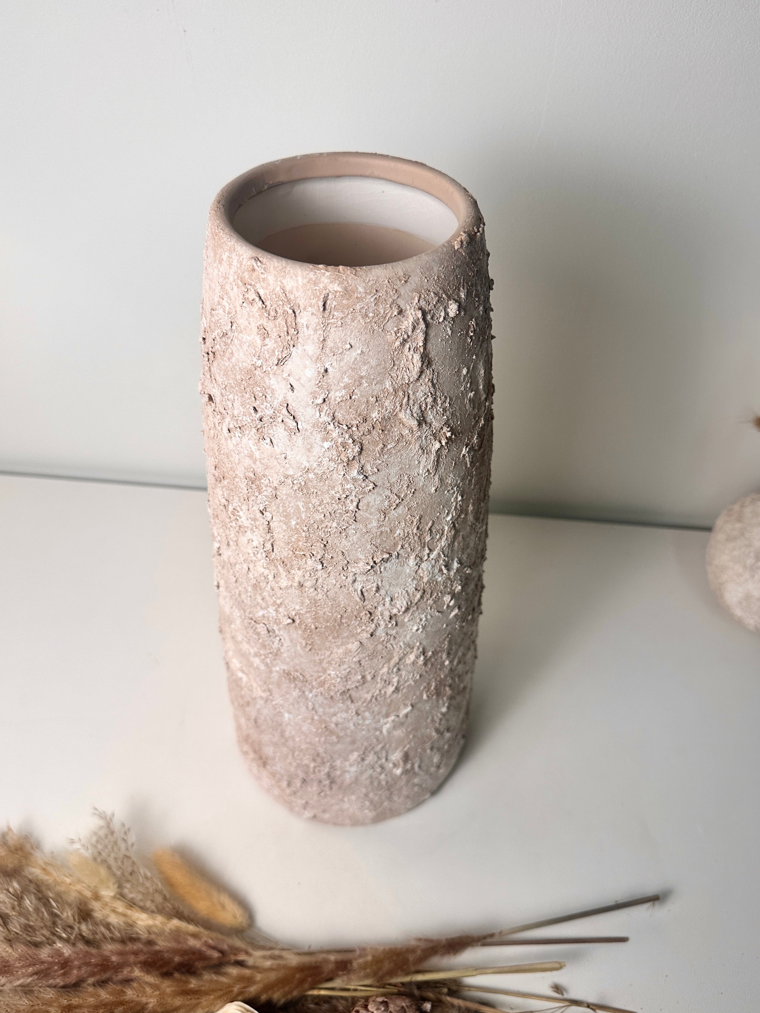 Rustic Ceramic Jar Vase Textured Handcrafted 15" tall - Light Beige Wash