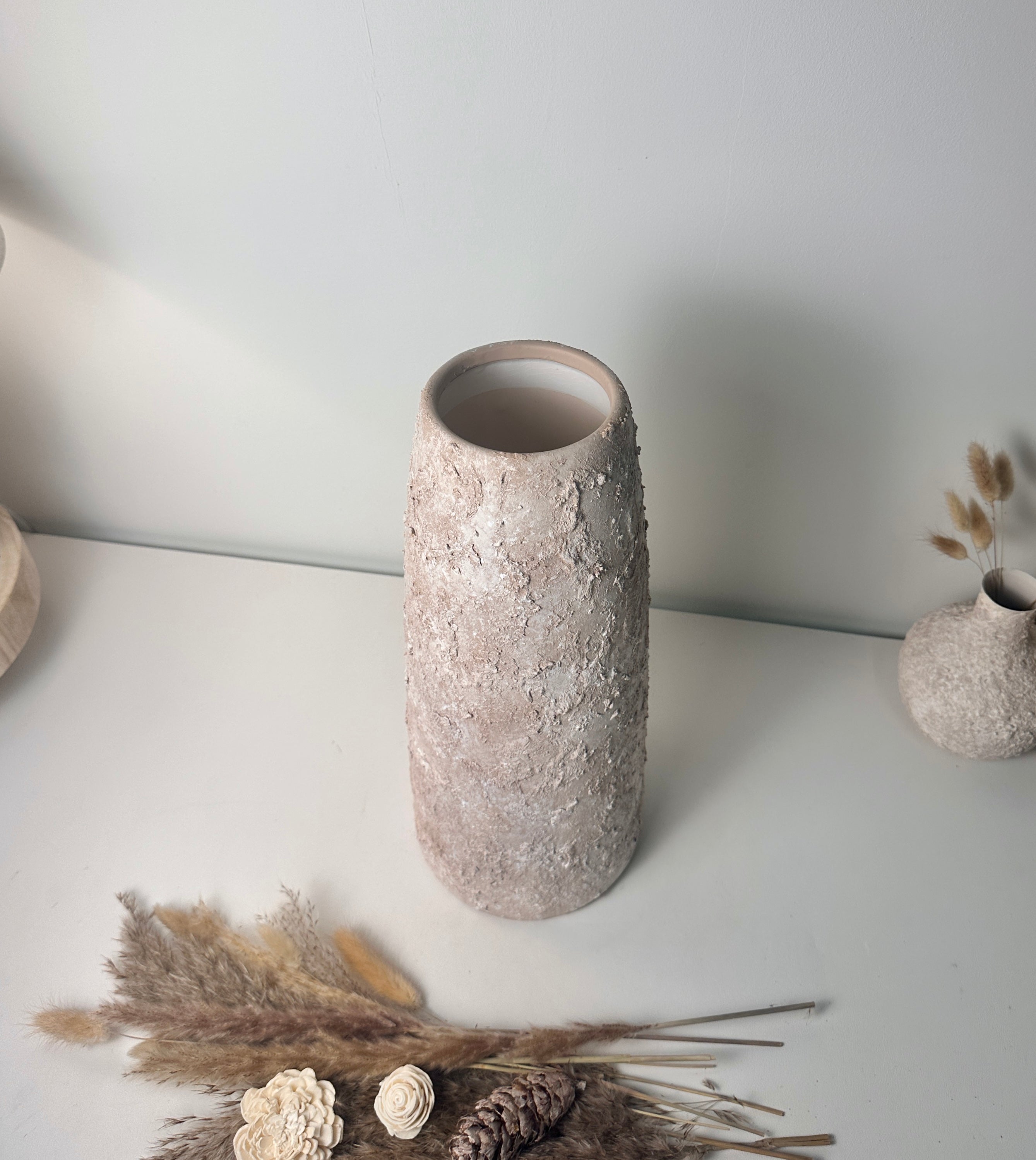 Rustic Ceramic Jar Vase Textured Handcrafted 15" tall - Light Beige Wash