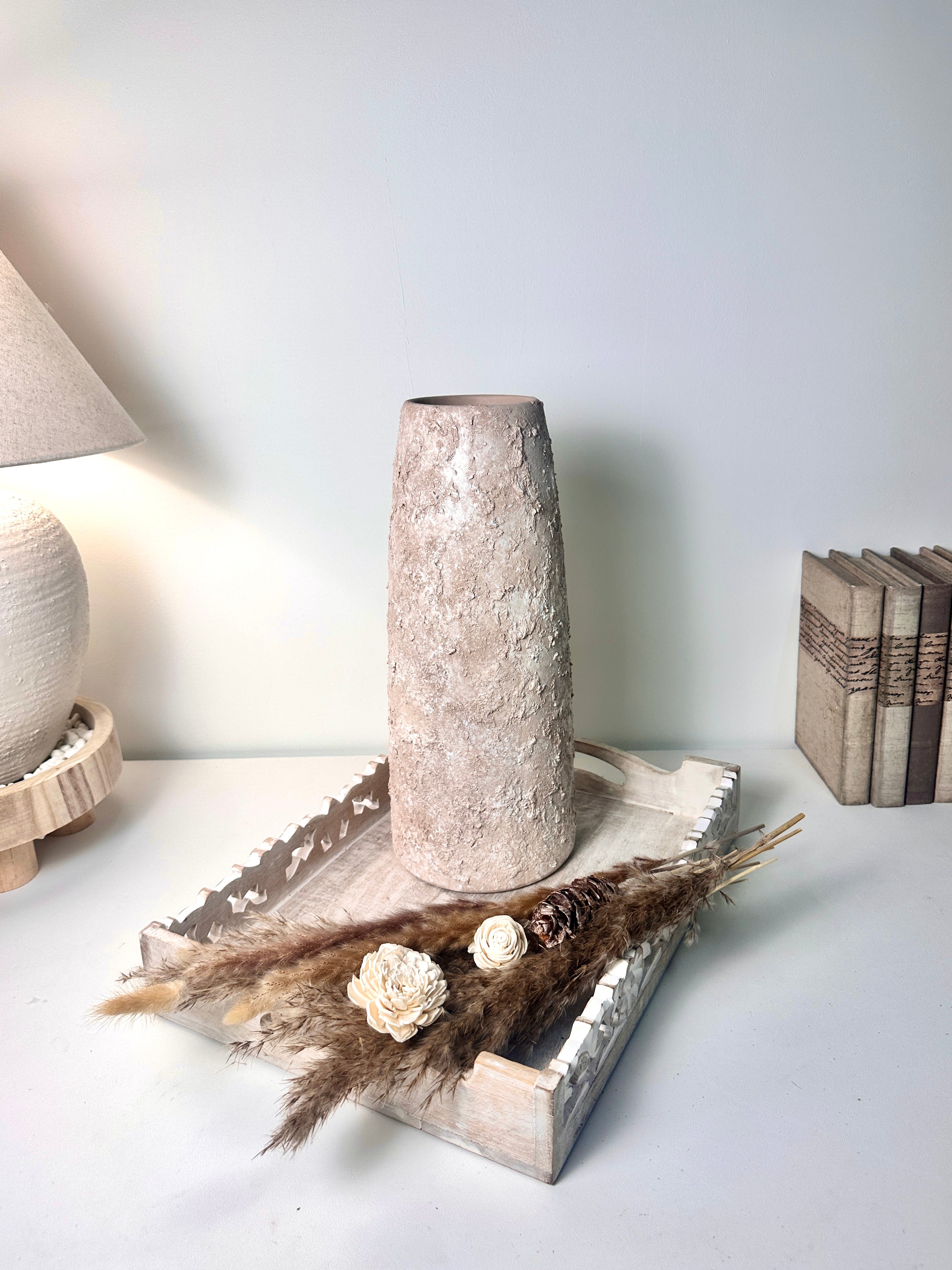 Rustic Ceramic Jar Vase Textured Handcrafted 15" tall - Light Beige Wash