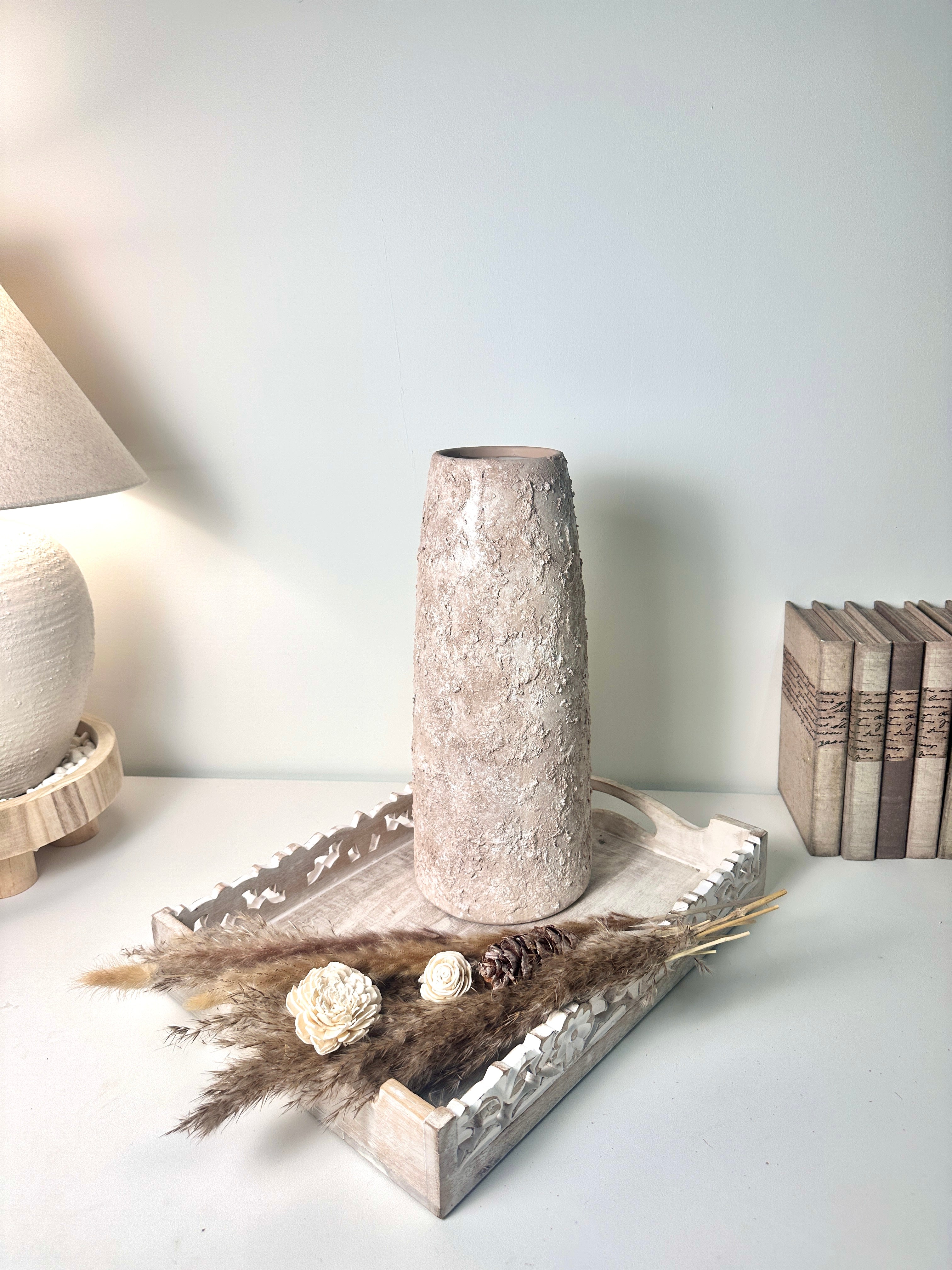 Rustic Ceramic Jar Vase Textured Handcrafted 15" tall - Light Beige Wash