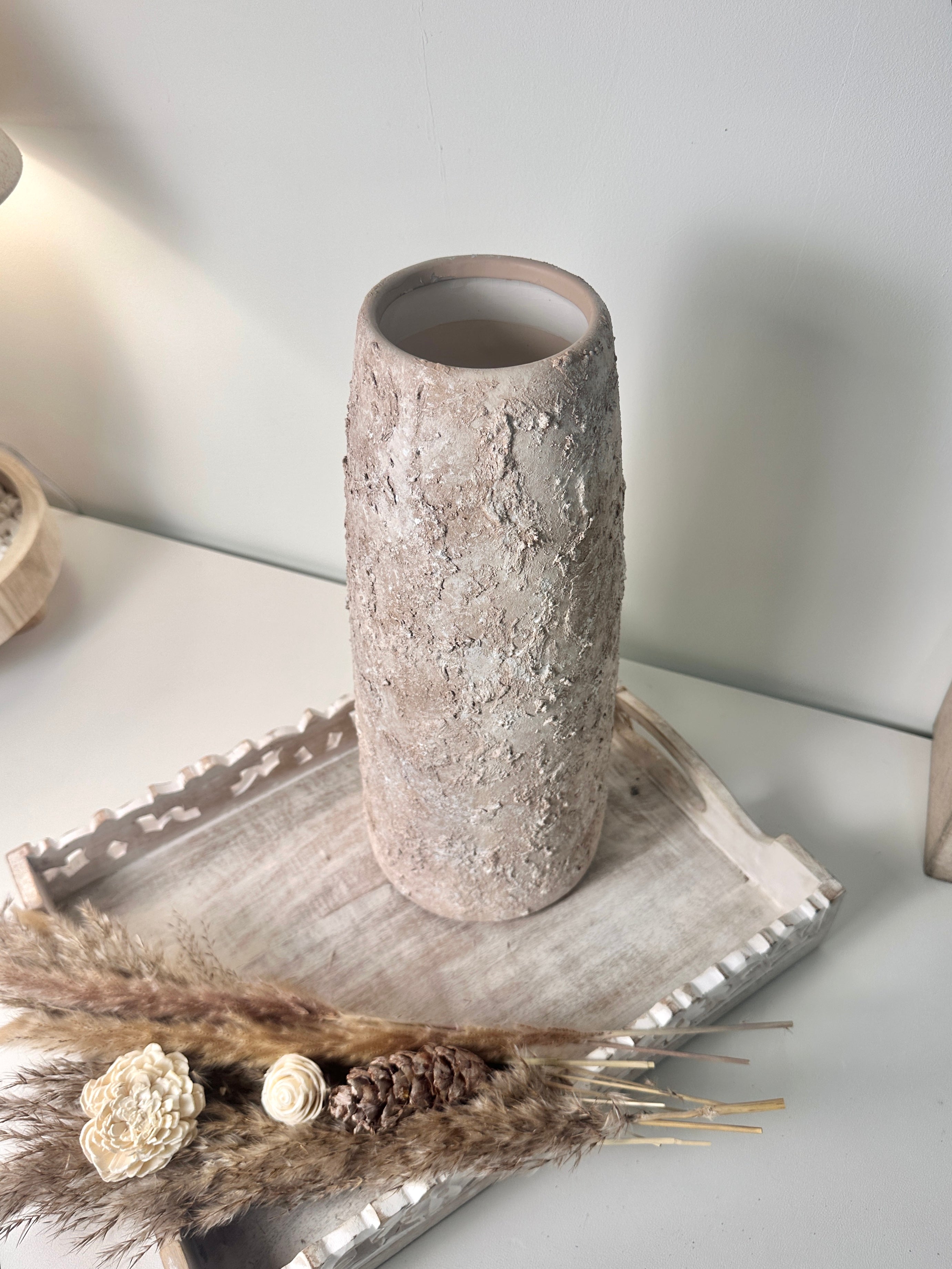 Rustic Ceramic Jar Vase Textured Handcrafted 15" tall - Light Beige Wash