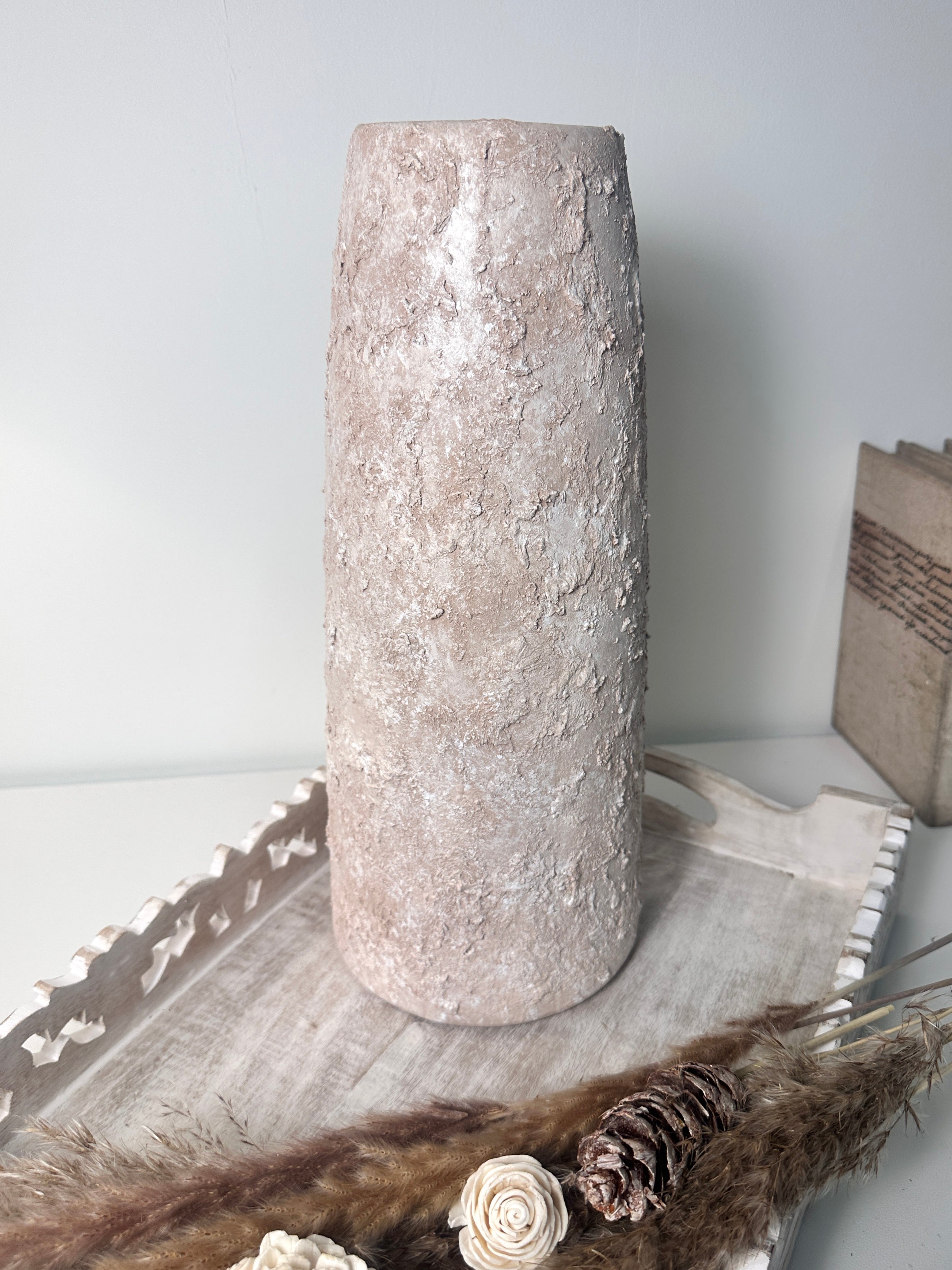Rustic Ceramic Jar Vase Textured Handcrafted 15" tall - Light Beige Wash