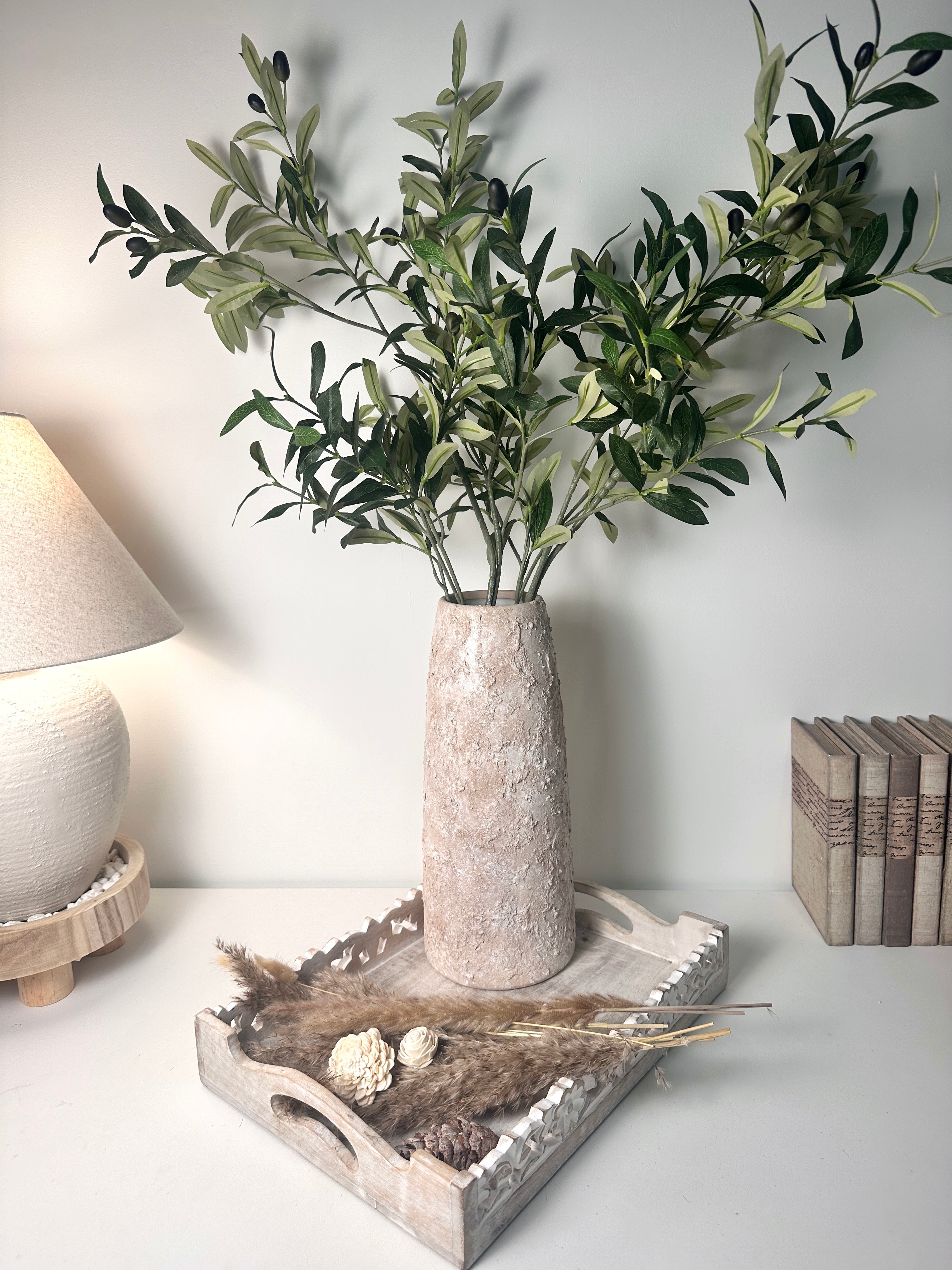 Rustic Ceramic Jar Vase Textured Handcrafted 15" tall - Light Beige Wash