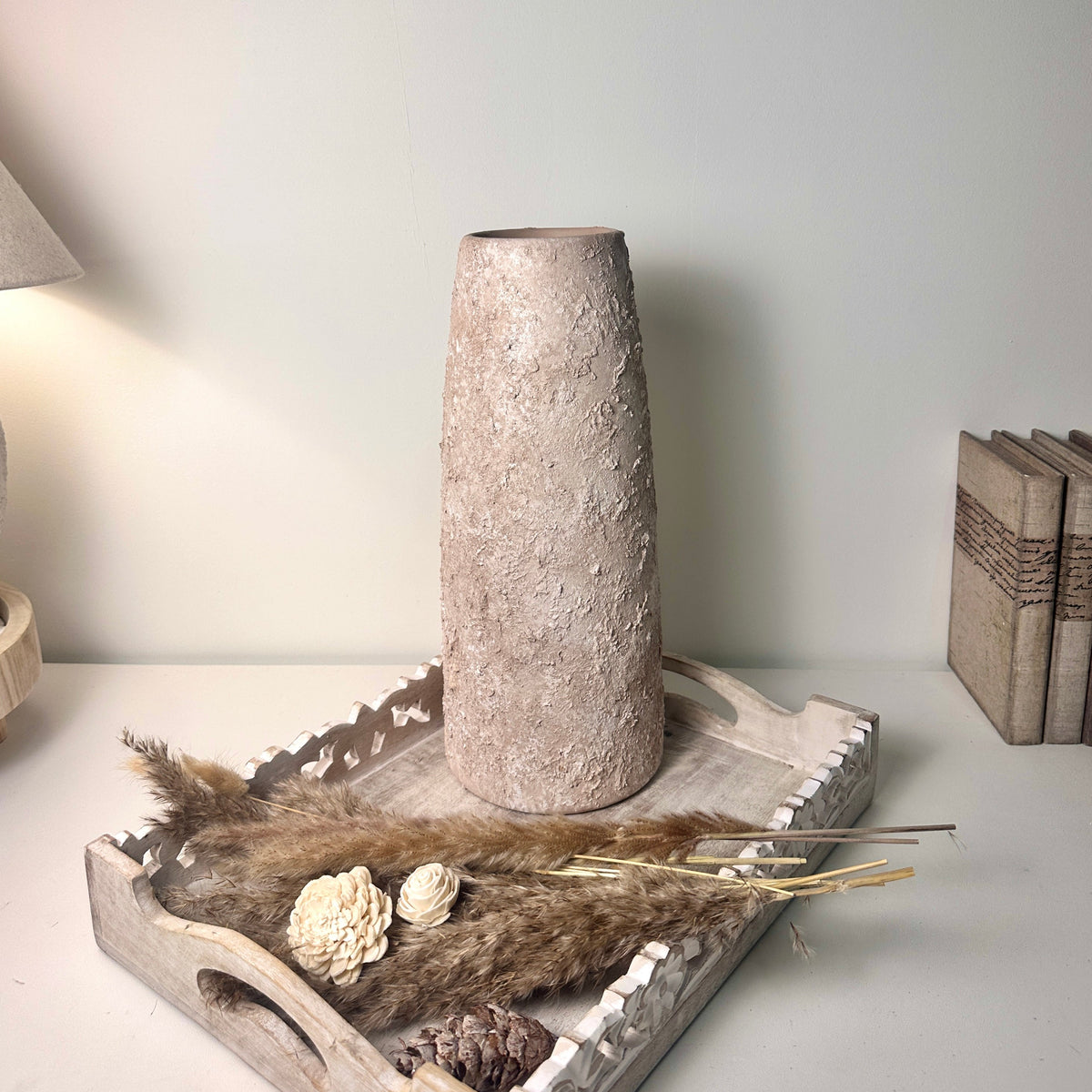Rustic Ceramic Jar Vase Textured Handcrafted 15" tall - Light Beige Wash