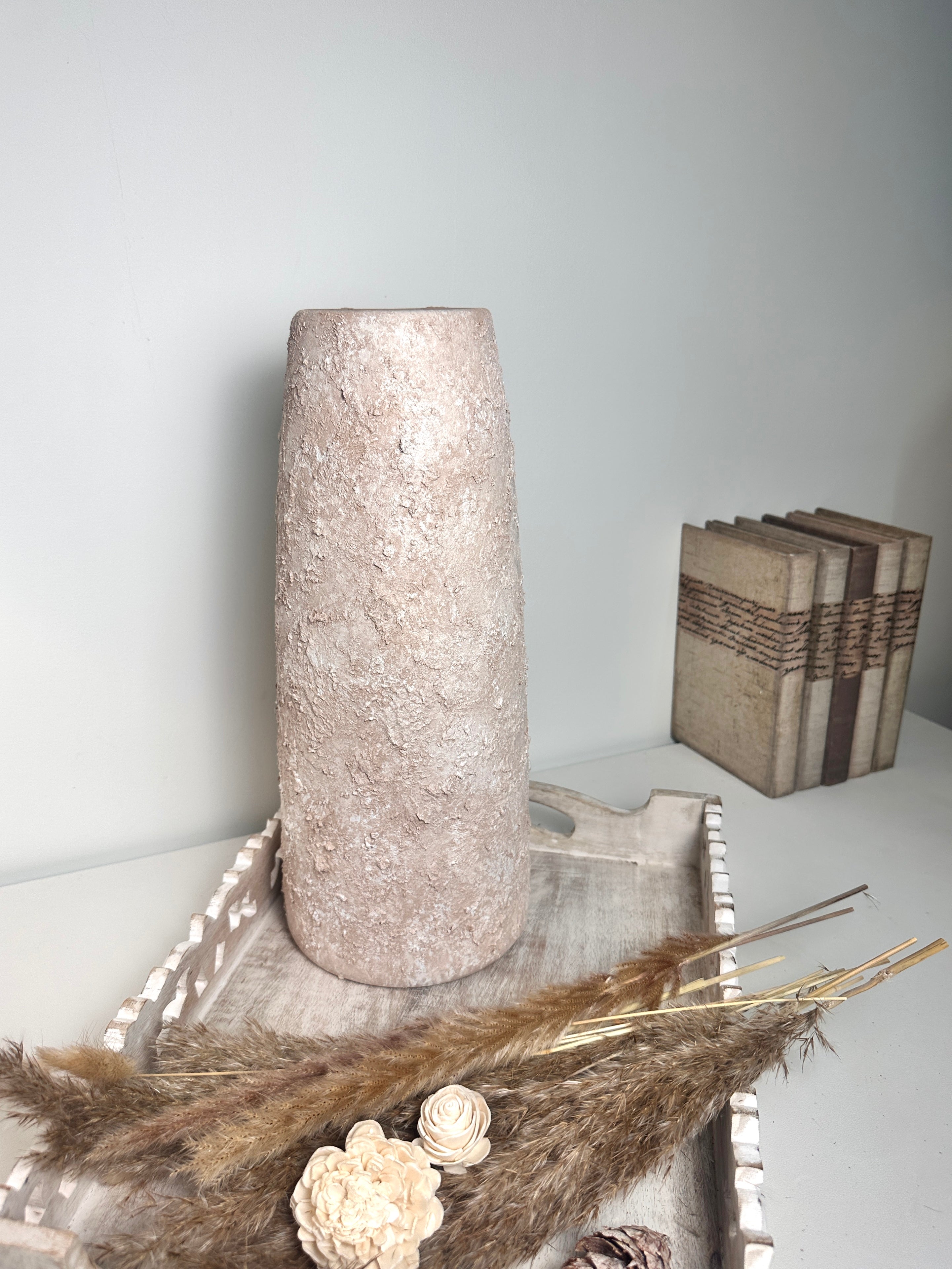 Rustic Ceramic Jar Vase Textured Handcrafted 15" tall - Light Beige Wash