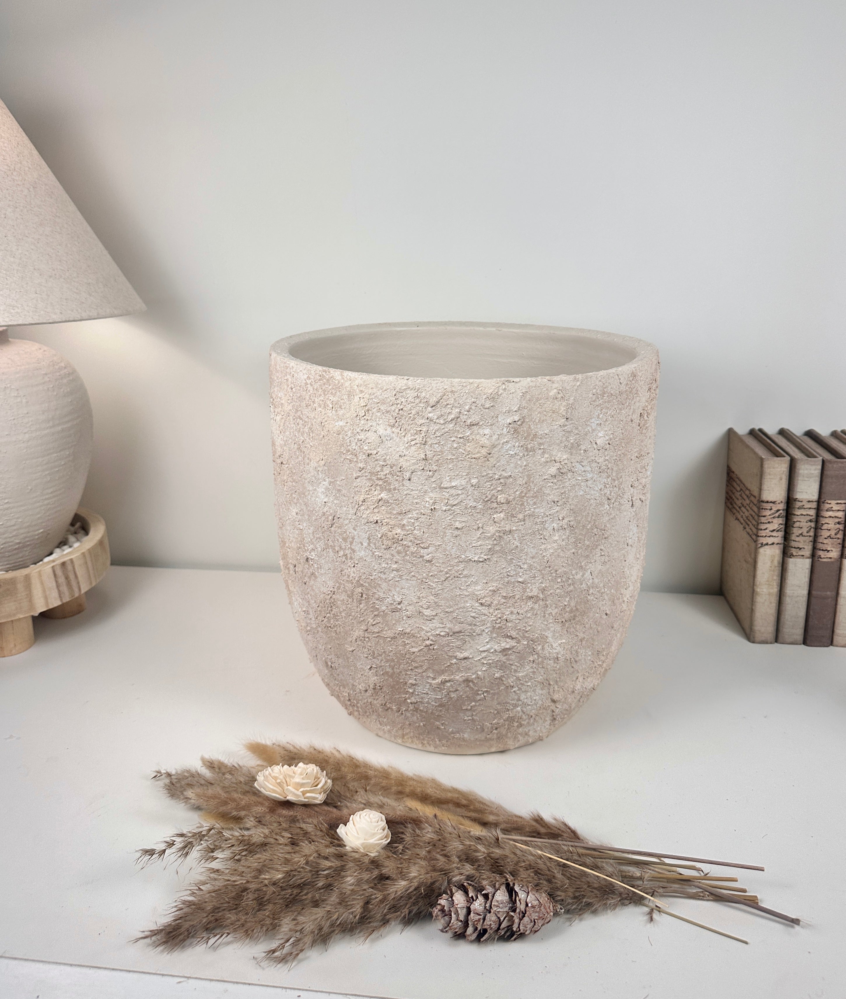 13.5" Minimalist Hand-Painted & Textured Planter Pot with Drainage Hole one time creation - Cream Wash (A)