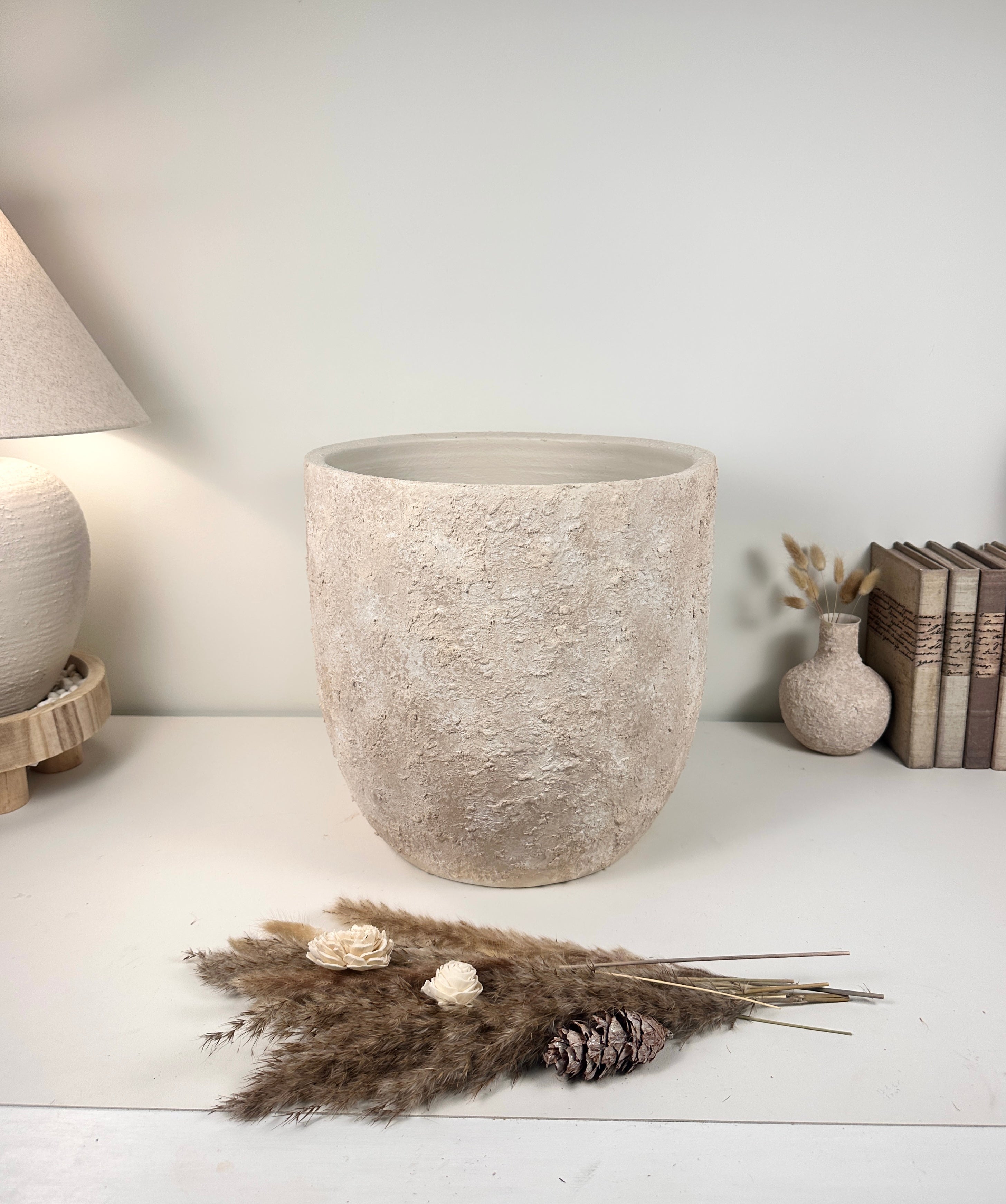 13.5" Minimalist Hand-Painted & Textured Planter Pot with Drainage Hole one time creation - Cream Wash (A)